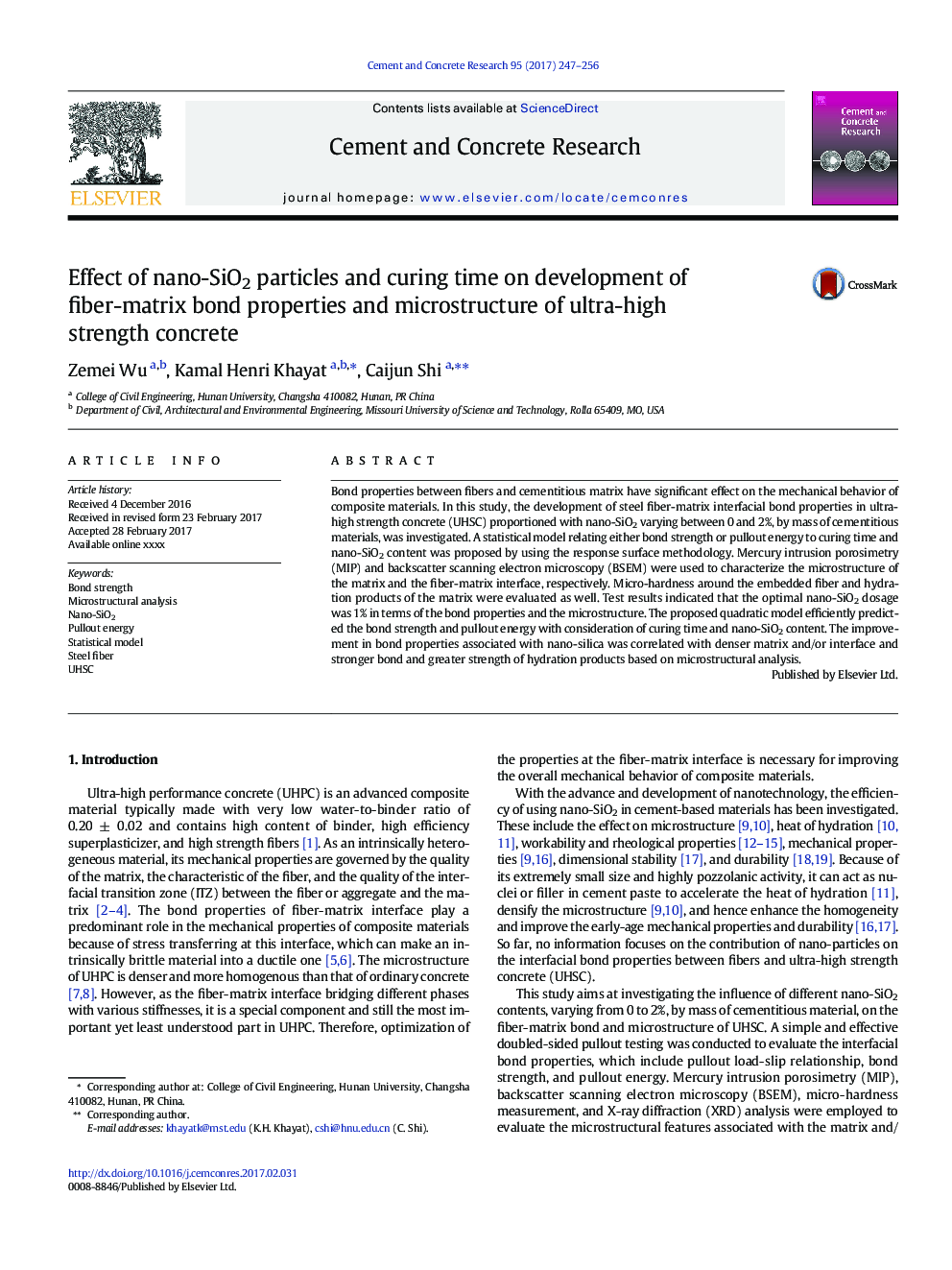 Effect of nano-SiO2 particles and curing time on development of fiber-matrix bond properties and microstructure of ultra-high strength concrete