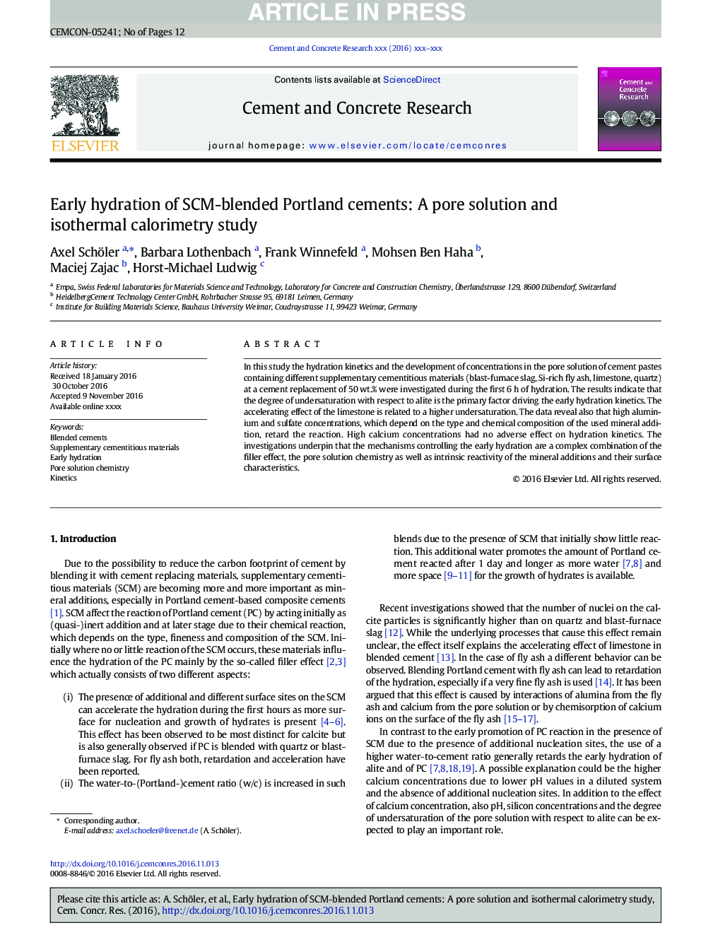 Early hydration of SCM-blended Portland cements: A pore solution and isothermal calorimetry study