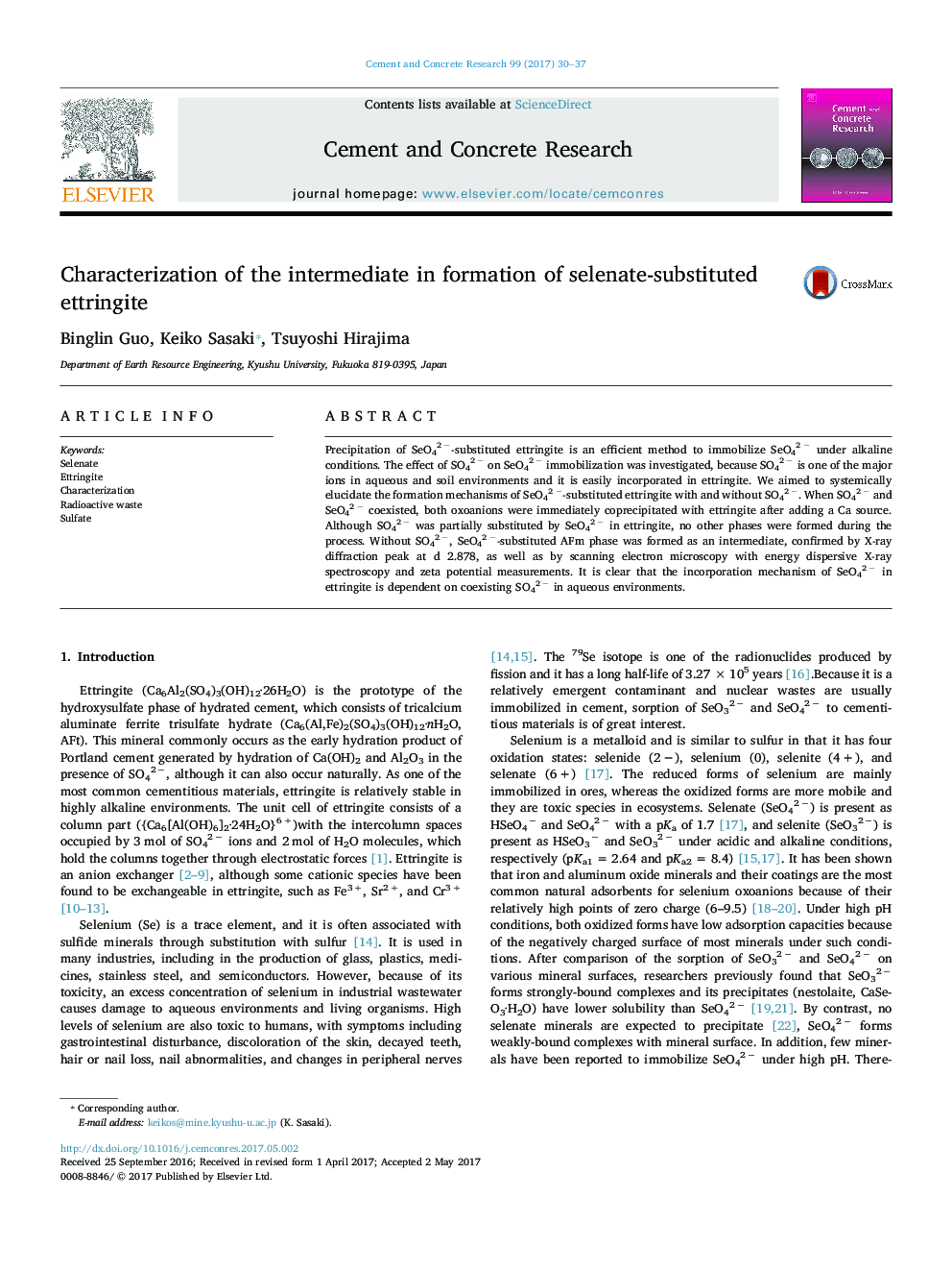 Characterization of the intermediate in formation of selenate-substituted ettringite