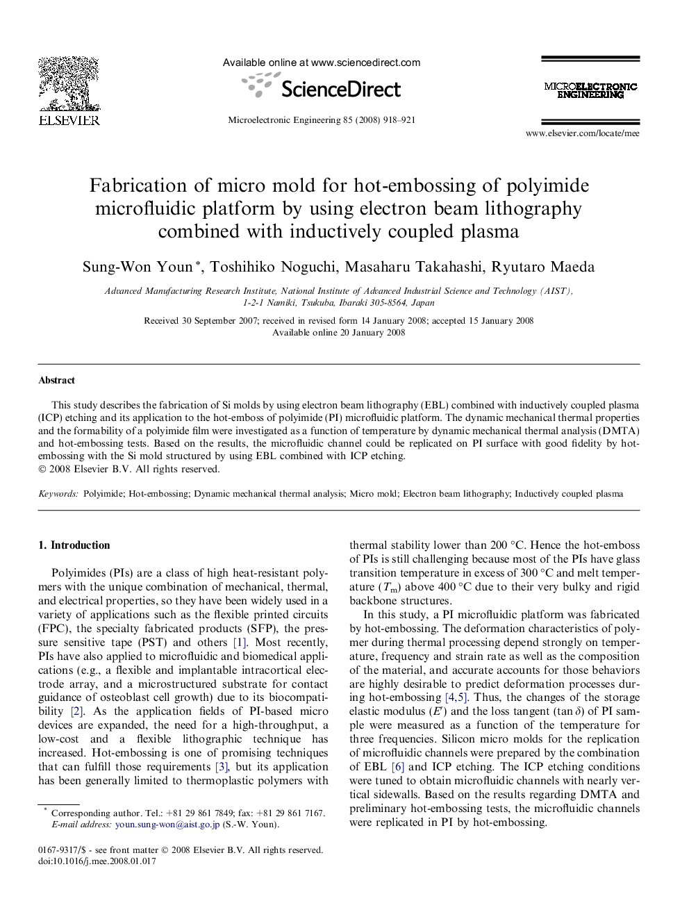 Fabrication of micro mold for hot-embossing of polyimide microfluidic platform by using electron beam lithography combined with inductively coupled plasma