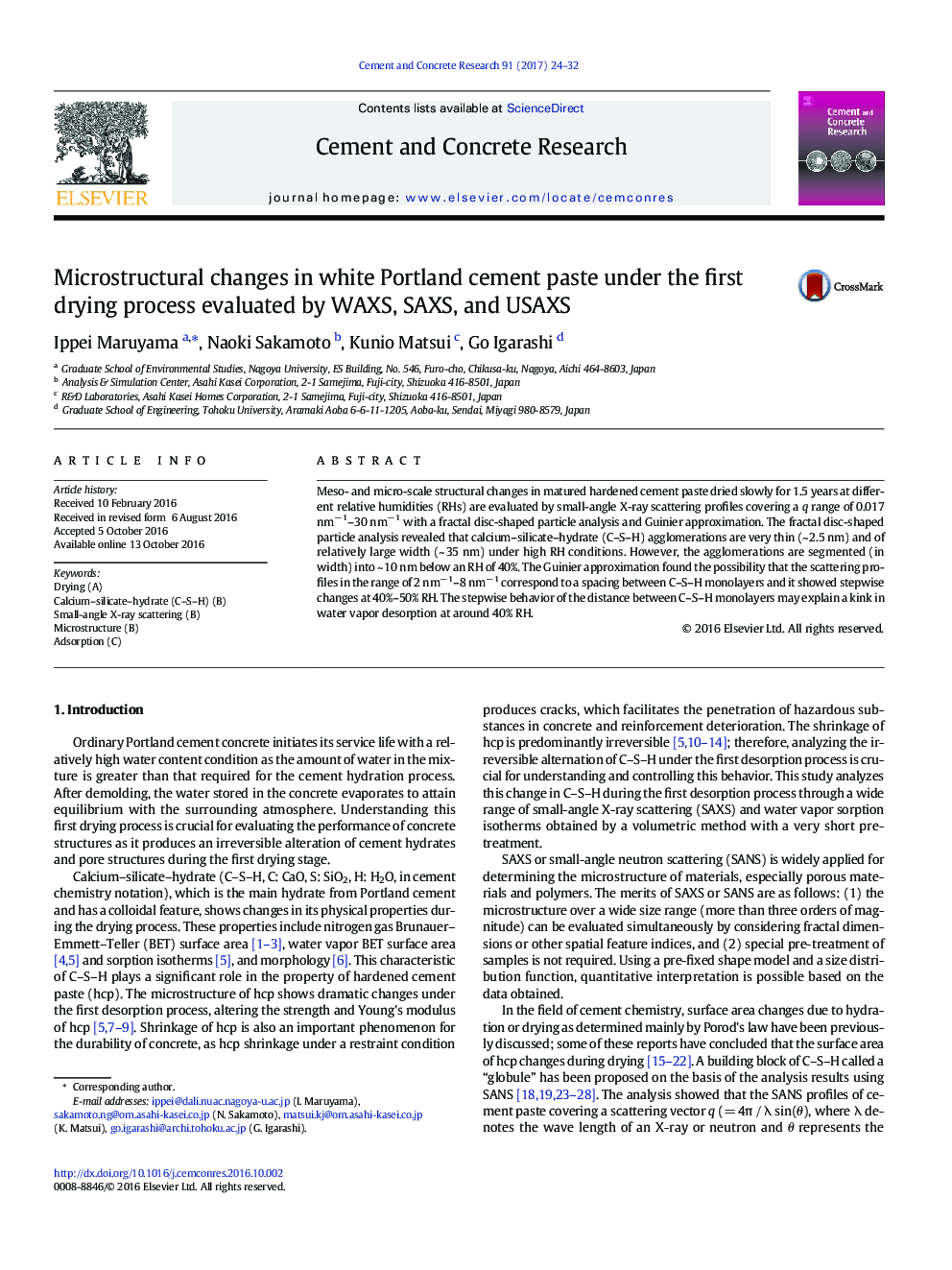 Microstructural changes in white Portland cement paste under the first drying process evaluated by WAXS, SAXS, and USAXS