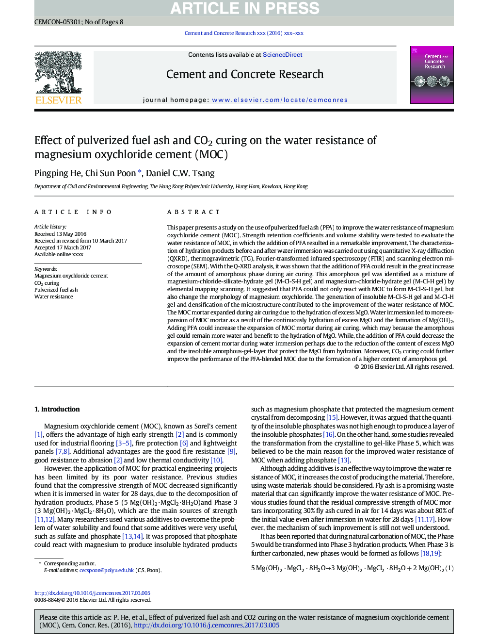 Effect of pulverized fuel ash and CO2 curing on the water resistance of magnesium oxychloride cement (MOC)