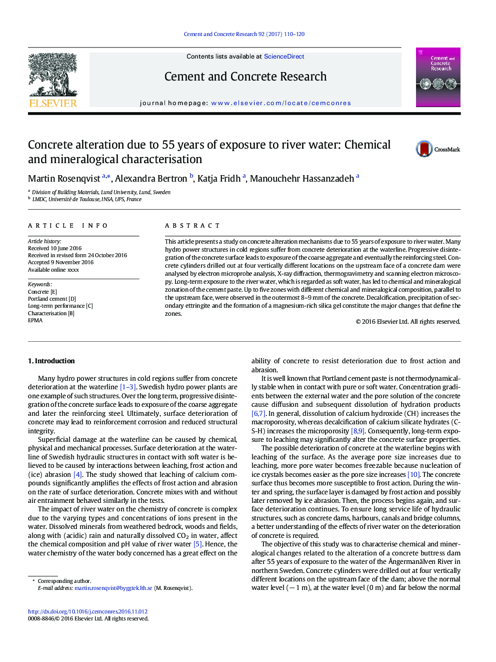 Concrete alteration due to 55Â years of exposure to river water: Chemical and mineralogical characterisation