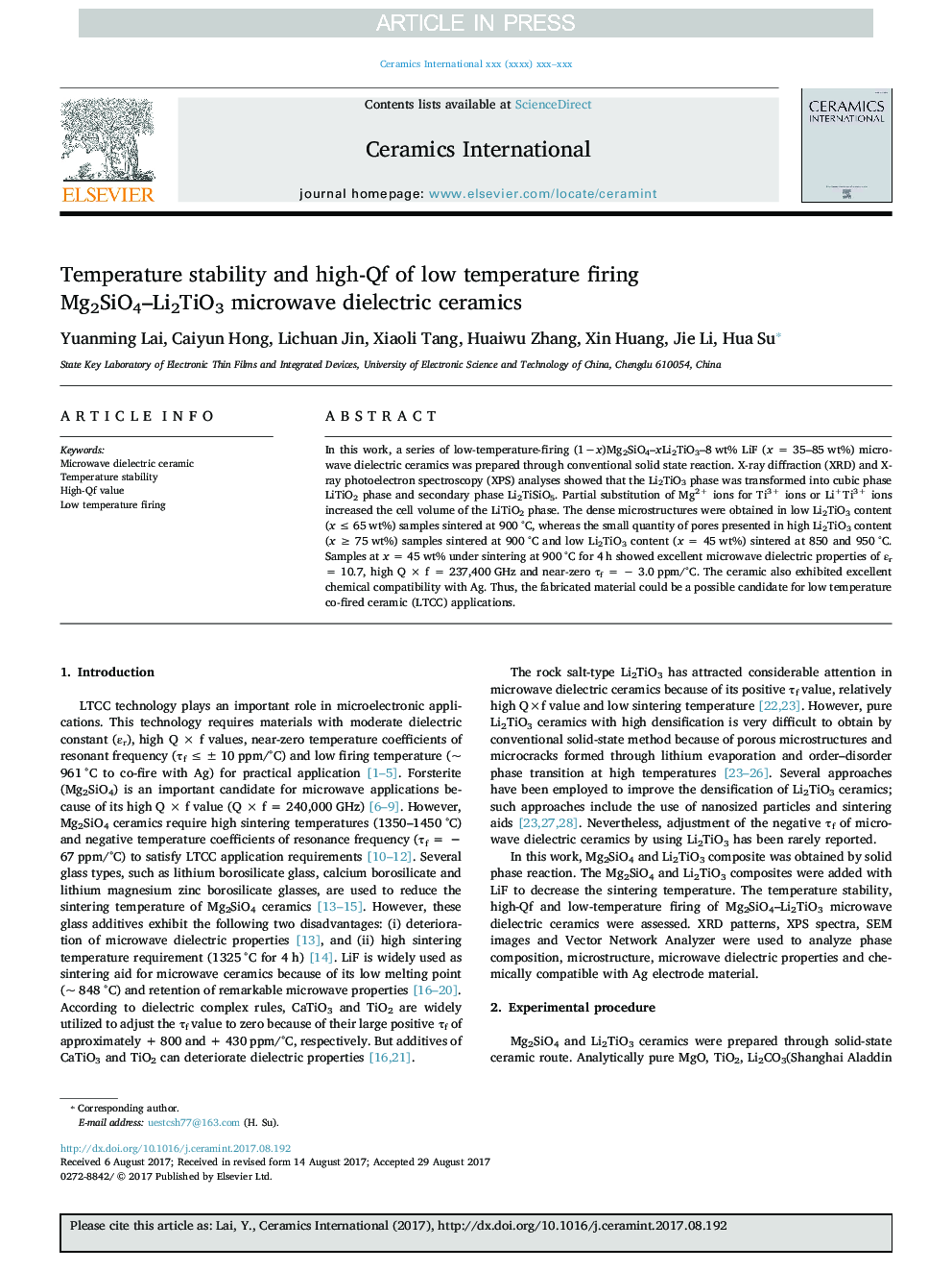 عکس صفحه اول مقاله: Temperature stability and high-Qf of low temperature firing Mg2SiO4-Li2TiO3 microwave dielectric ceramics Temperature stability and high-Qf of low temperature firing Mg2SiO4-Li2TiO3 microwave dielectric ceramics