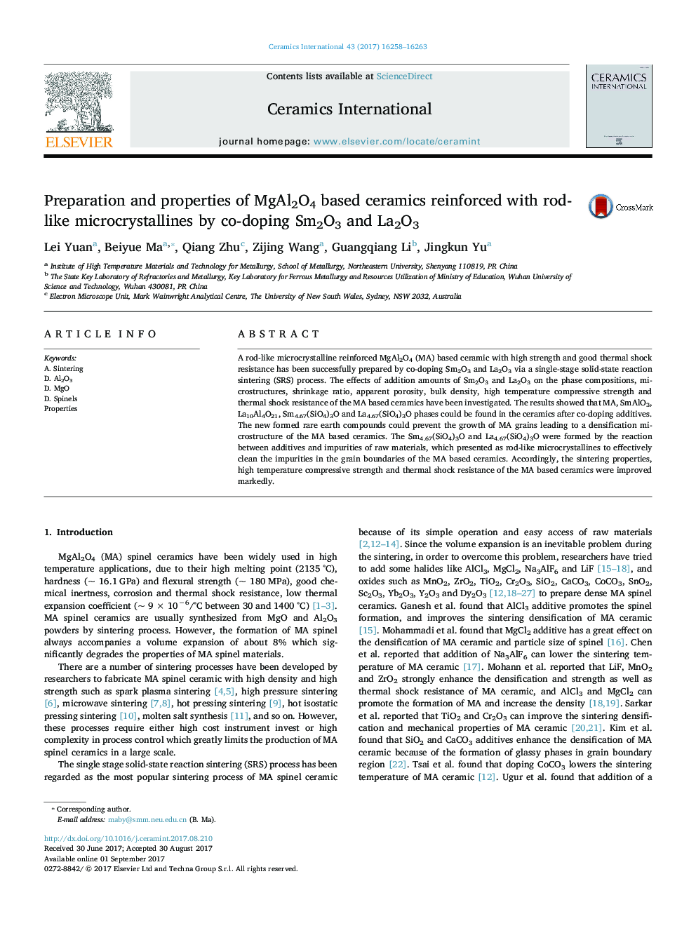 Preparation and properties of MgAl2O4 based ceramics reinforced with rod-like microcrystallines by co-doping Sm2O3 and La2O3