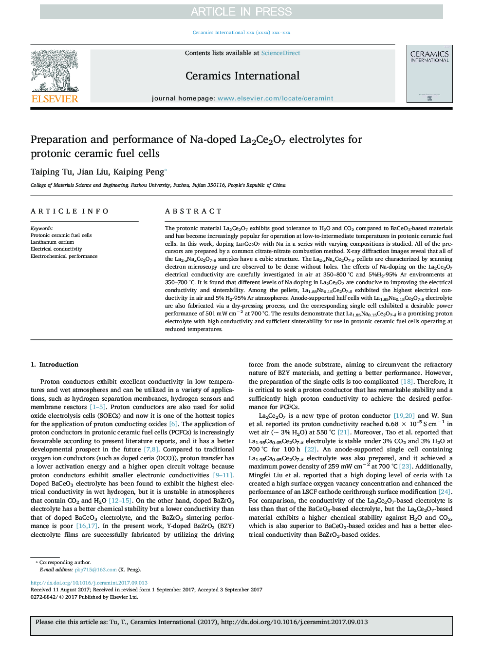 Preparation and performance of Na-doped La2Ce2O7 electrolytes for protonic ceramic fuel cells