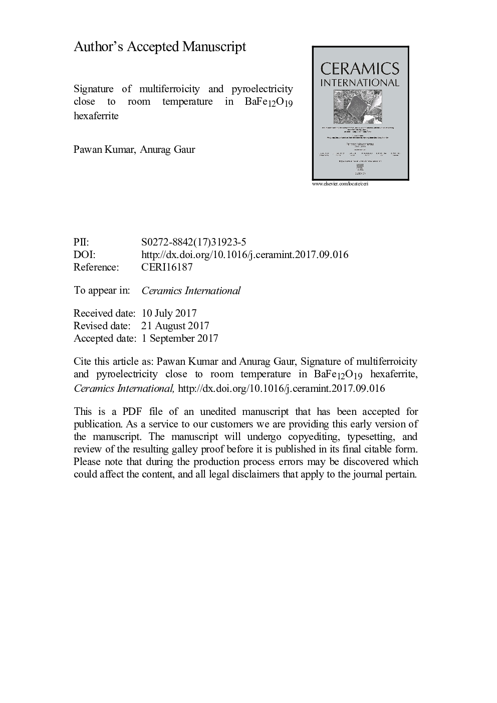 Signature of multiferroicity and pyroelectricity close to room temperature in BaFe12O19 hexaferrite