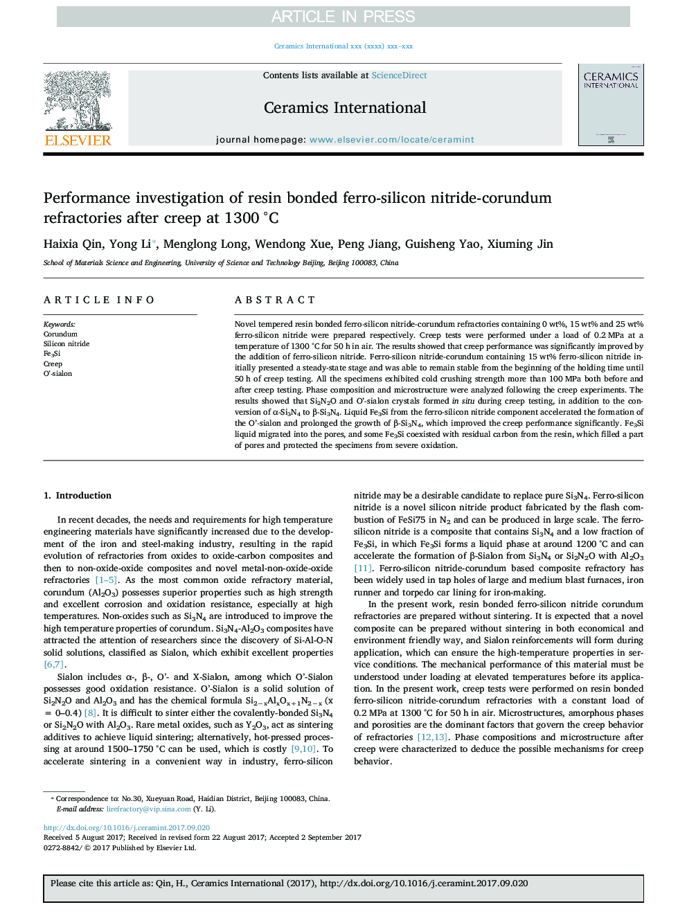 Performance investigation of resin bonded ferro-silicon nitride-corundum refractories after creep at 1300Â Â°C