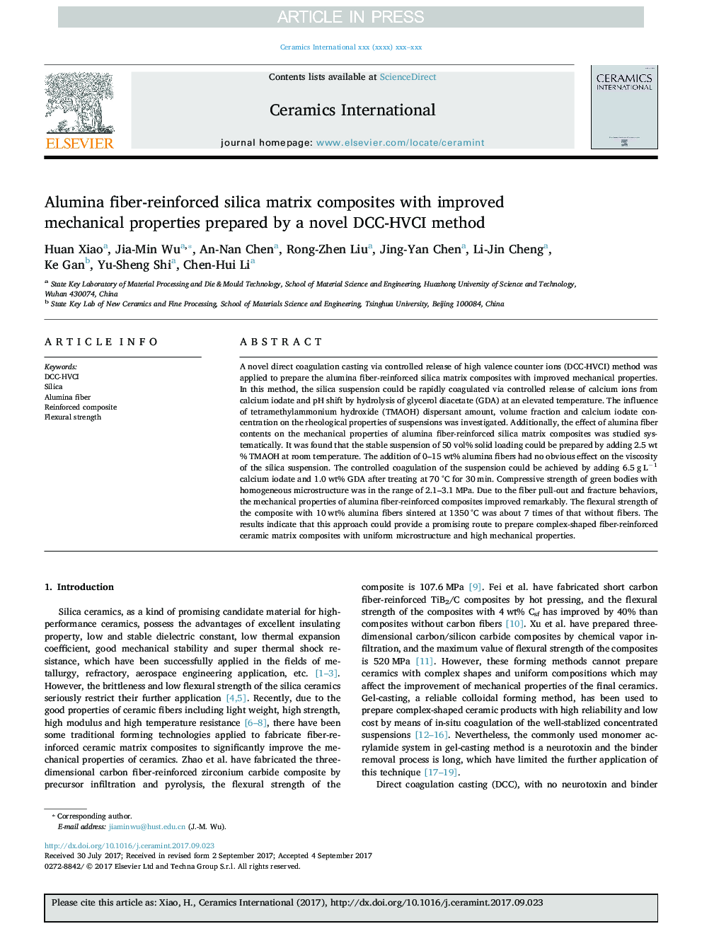 Alumina fiber-reinforced silica matrix composites with improved mechanical properties prepared by a novel DCC-HVCI method