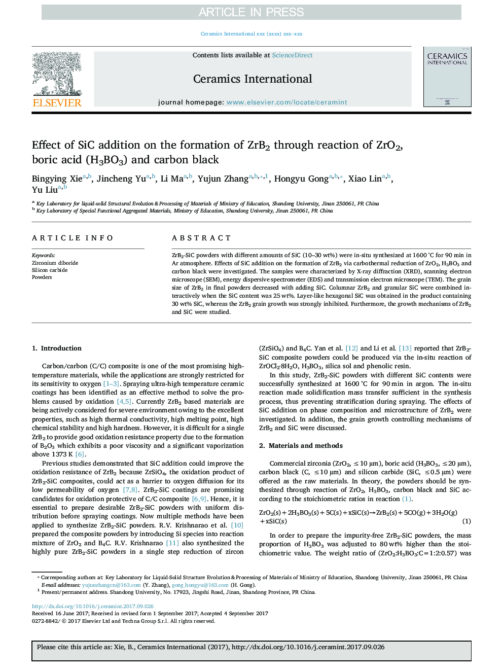 Effect of SiC addition on the formation of ZrB2 through reaction of ZrO2, boric acid (H3BO3) and carbon black