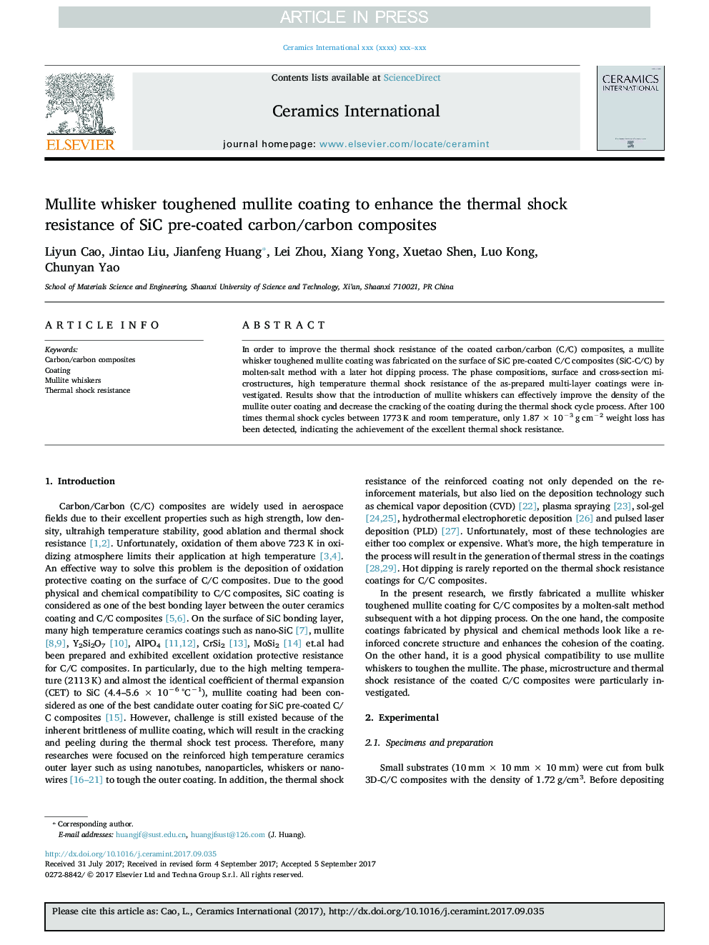 Mullite whisker toughened mullite coating to enhance the thermal shock resistance of SiC pre-coated carbon/carbon composites