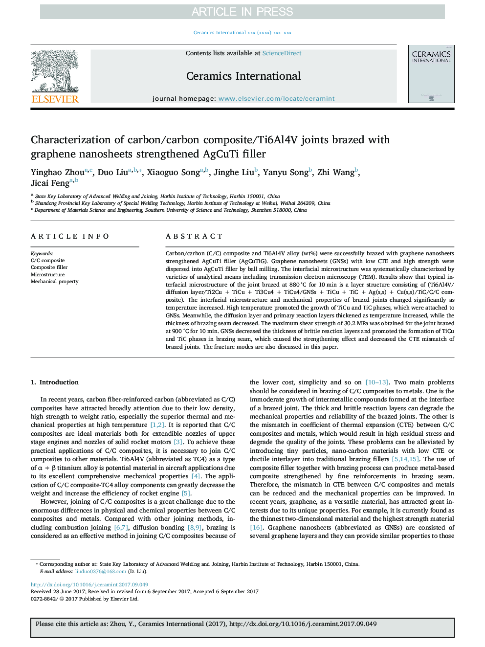 Characterization of carbon/carbon composite/Ti6Al4V joints brazed with graphene nanosheets strengthened AgCuTi filler