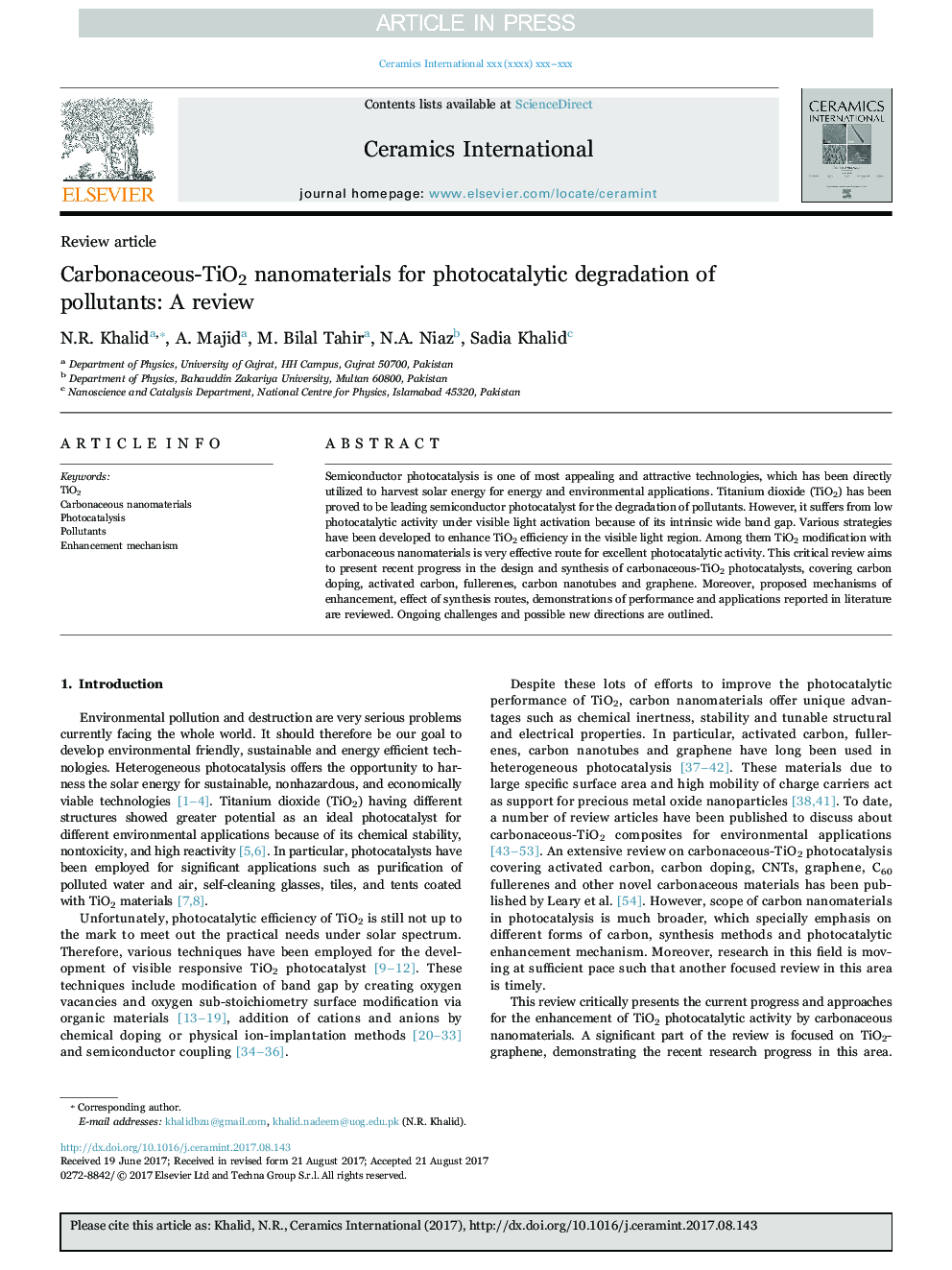 Carbonaceous-TiO2 nanomaterials for photocatalytic degradation of pollutants: A review