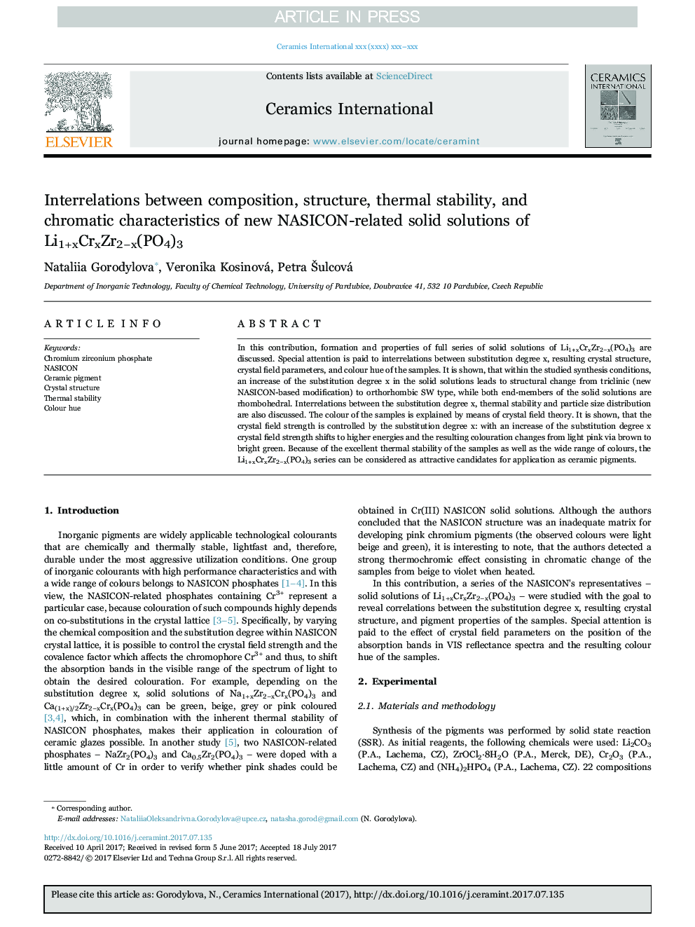 Interrelations between composition, structure, thermal stability, and chromatic characteristics of new NASICON-related solid solutions of Li1+xCrxZr2âx(PO4)3