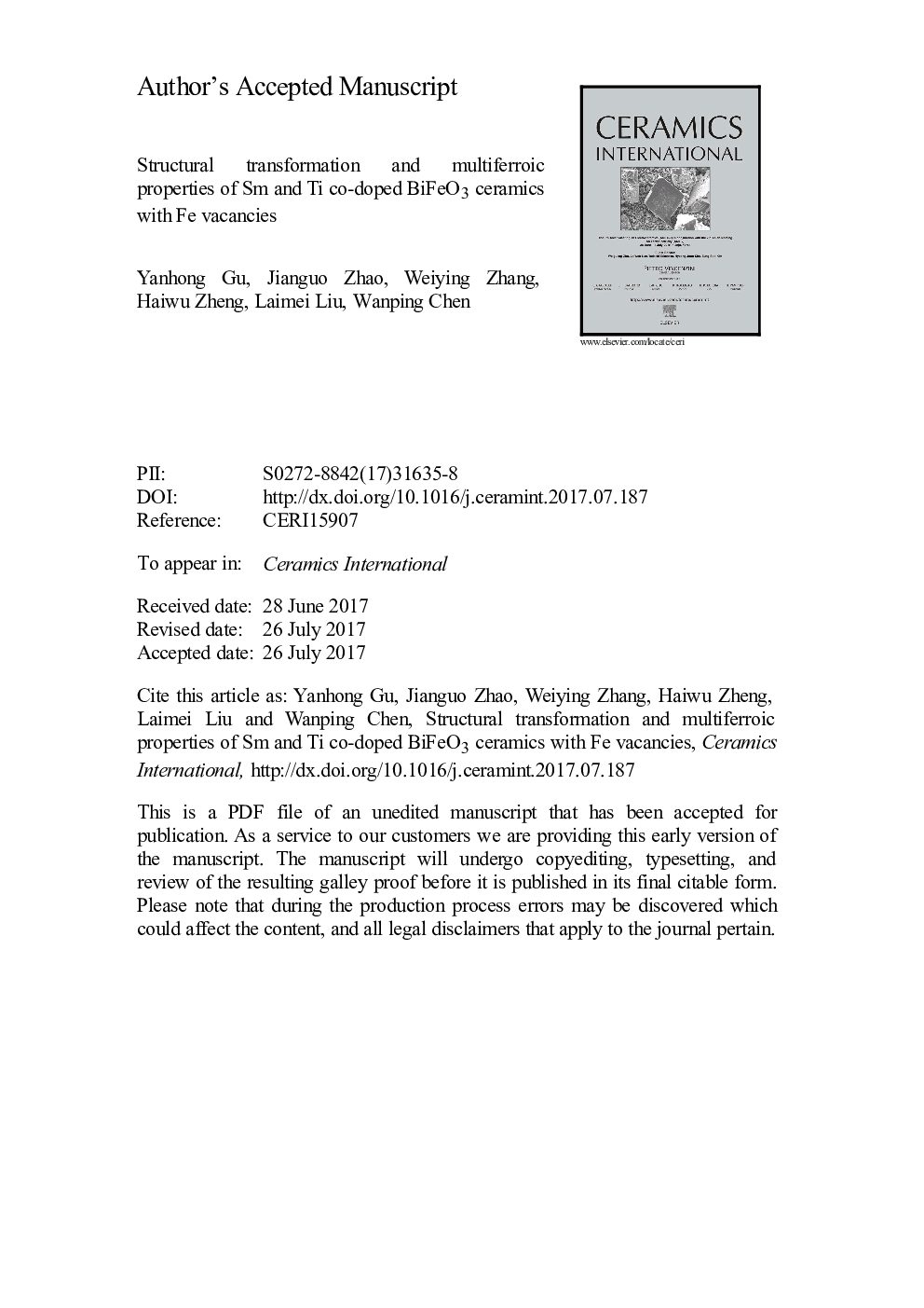 عکس صفحه اول مقاله: Structural transformation and multiferroic properties of Sm and Ti co-doped BiFeO3 ceramics with Fe vacancies Structural transformation and multiferroic properties of Sm and Ti co-doped BiFeO3 ceramics with Fe vacancies