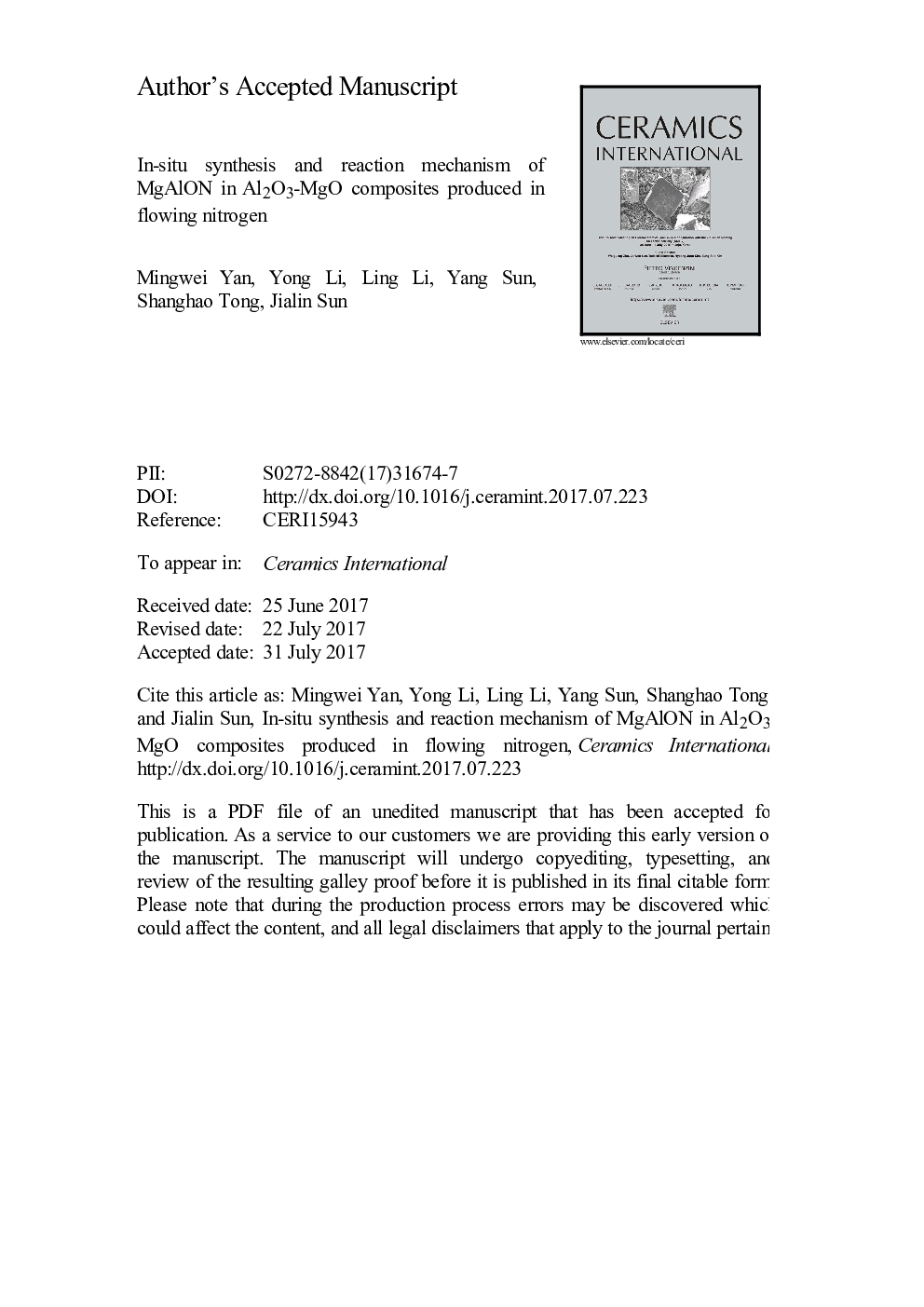 In-situ synthesis and reaction mechanism of MgAlON in Al2O3-MgO composites produced in flowing nitrogen