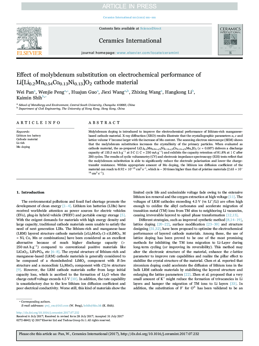 Effect of molybdenum substitution on electrochemical performance of Li[Li0.2Mn0.54Co0.13Ni0.13]O2 cathode material