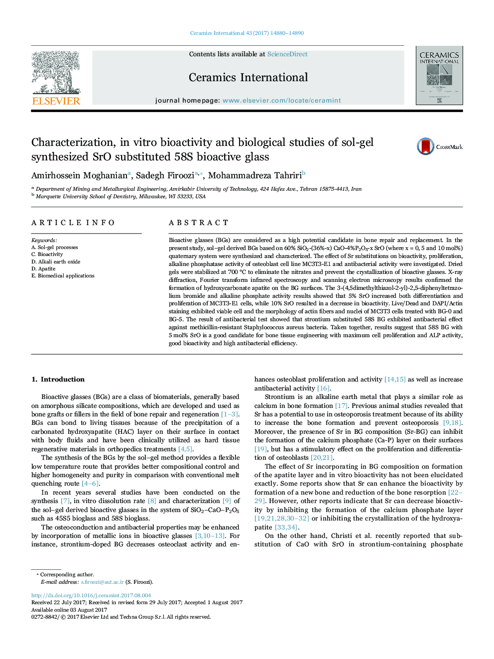 Characterization, in vitro bioactivity and biological studies of sol-gel synthesized SrO substituted 58S bioactive glass