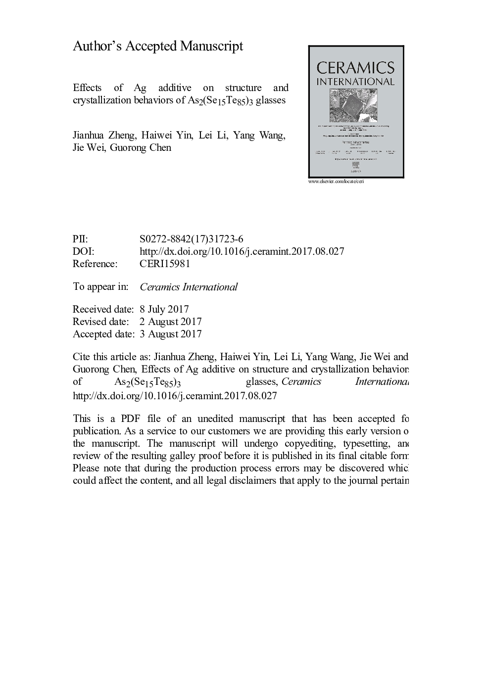 Effects of Ag additive on structure and crystallization behaviors of As2(Se15Te85)3 glasses