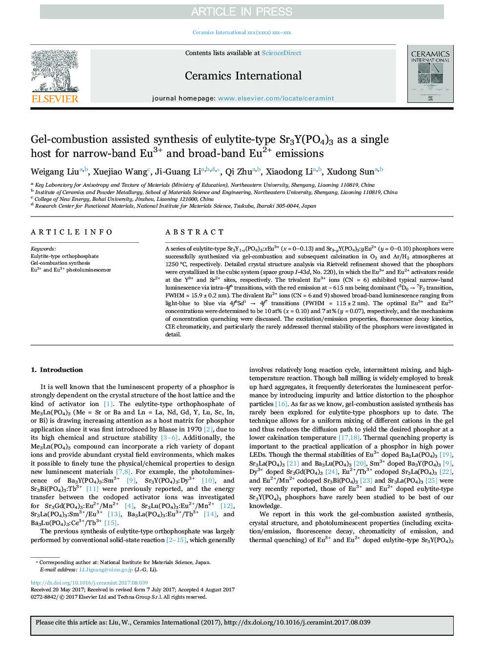 Gel-combustion assisted synthesis of eulytite-type Sr3Y(PO4)3 as a single host for narrow-band Eu3+ and broad-band Eu2+ emissions