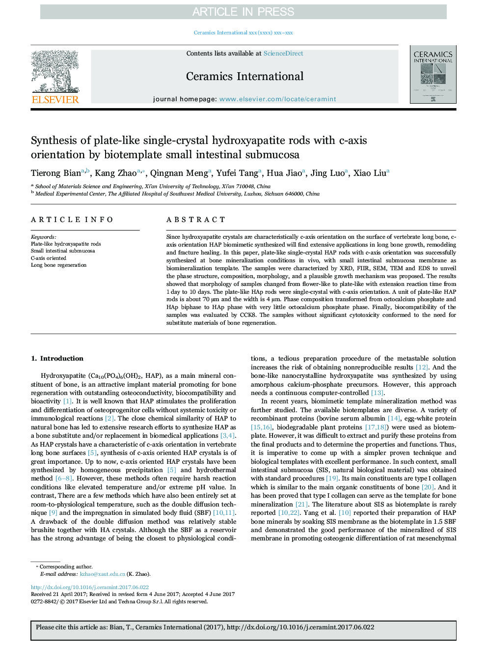 Synthesis of plate-like single-crystal hydroxyapatite rods with c-axis orientation by biotemplate small intestinal submucosa