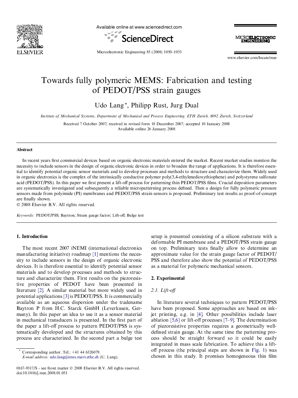 Towards fully polymeric MEMS: Fabrication and testing of PEDOT/PSS strain gauges