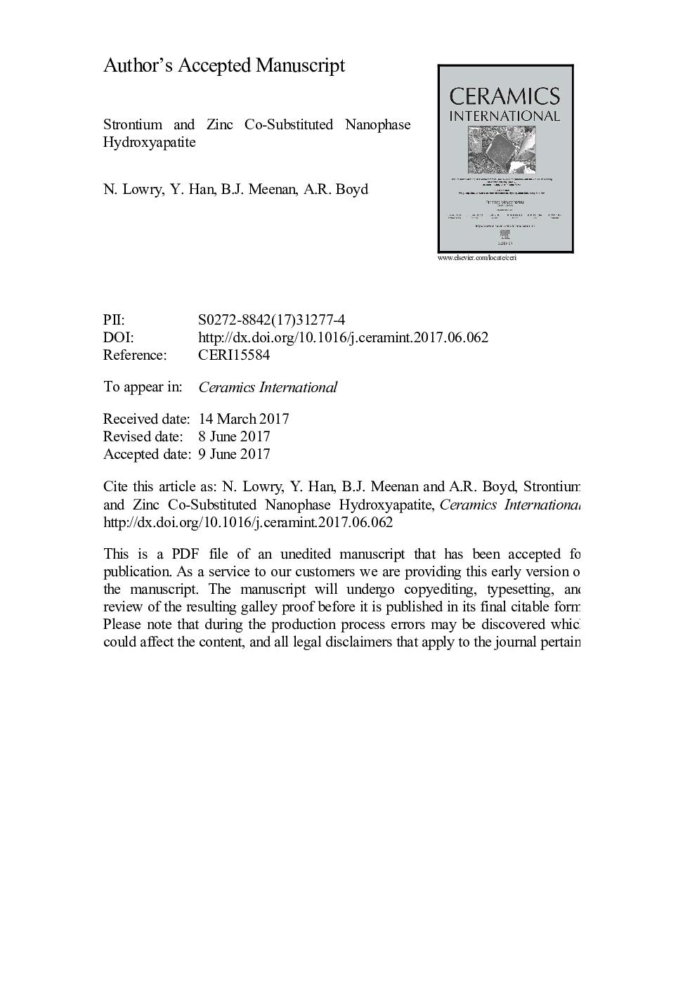 Strontium and zinc co-substituted nanophase hydroxyapatite