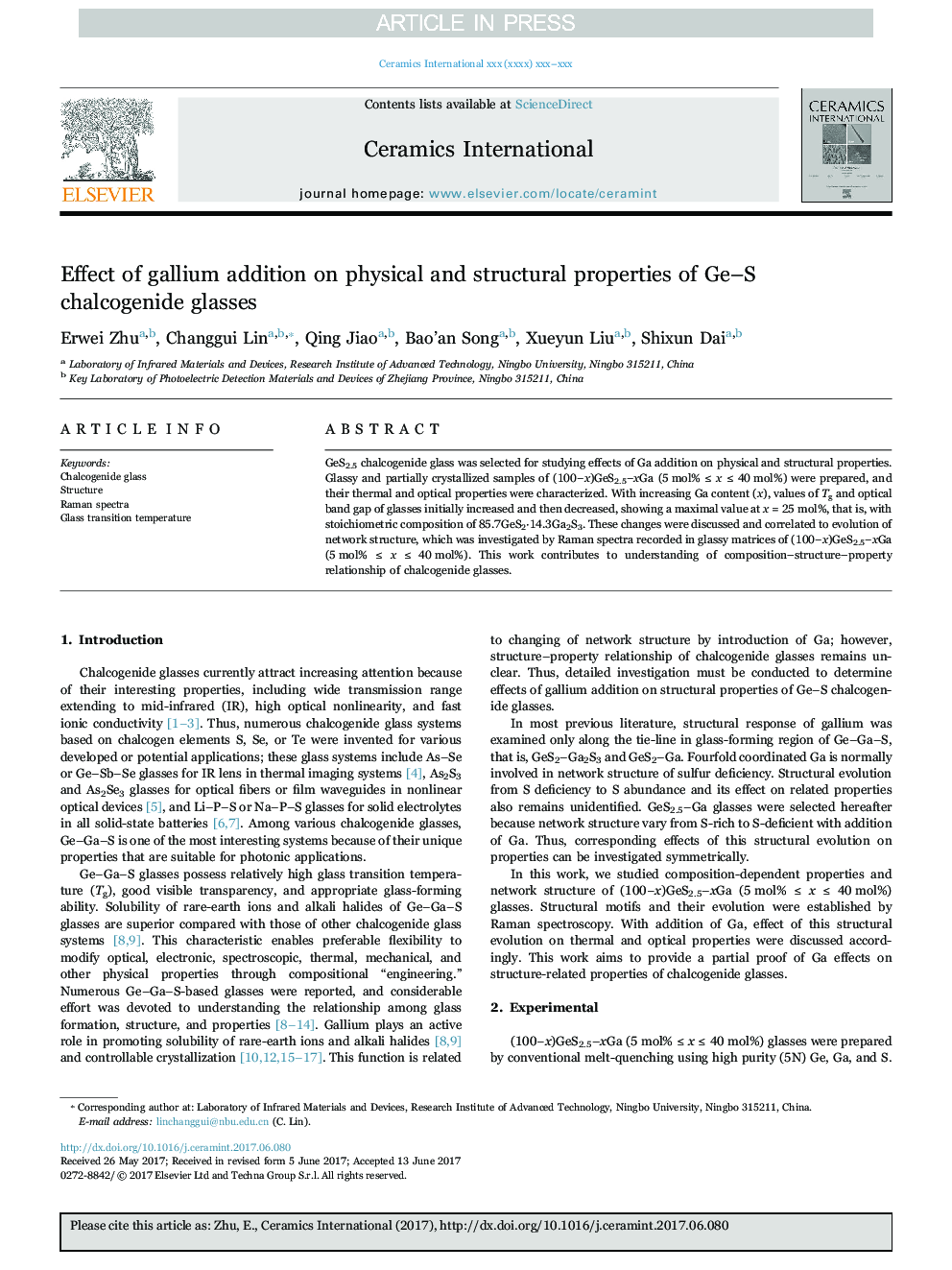 Effect of gallium addition on physical and structural properties of Ge-S chalcogenide glasses