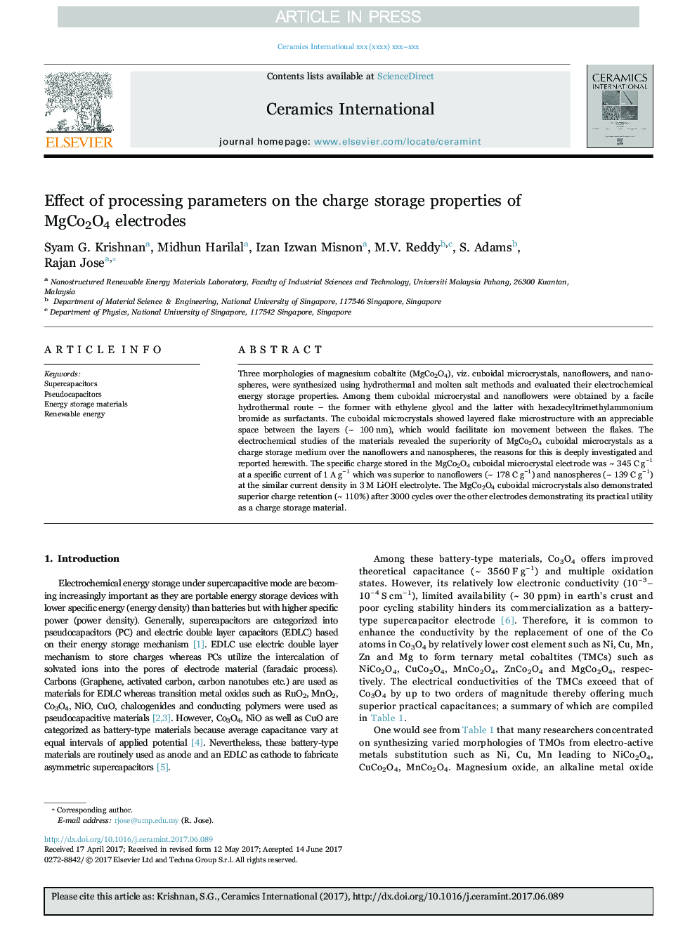 Effect of processing parameters on the charge storage properties of MgCo2O4 electrodes