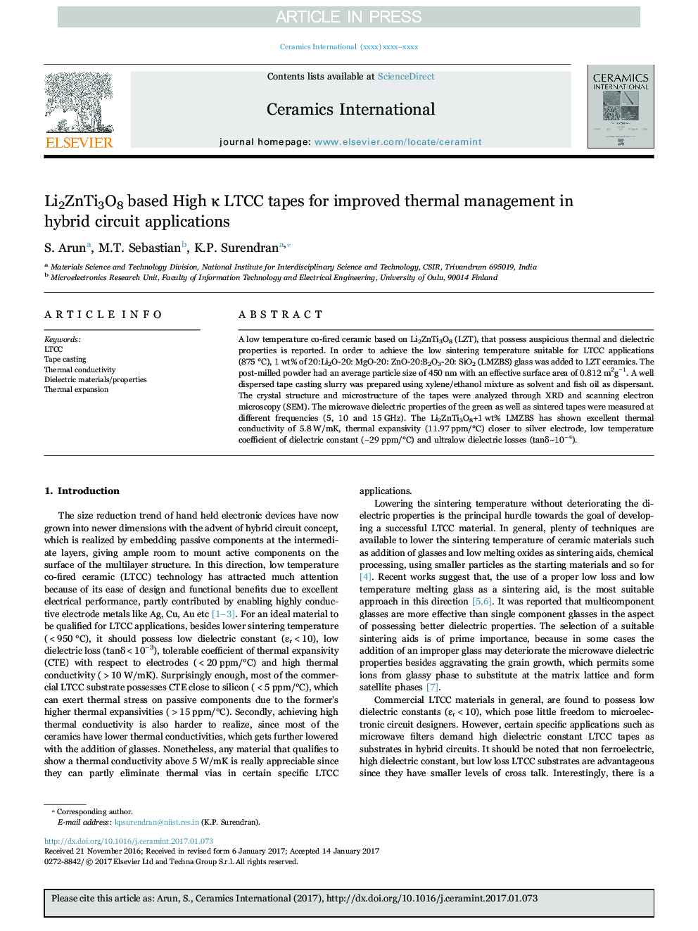 Li2ZnTi3O8 based High Îº LTCC tapes for improved thermal management in hybrid circuit applications