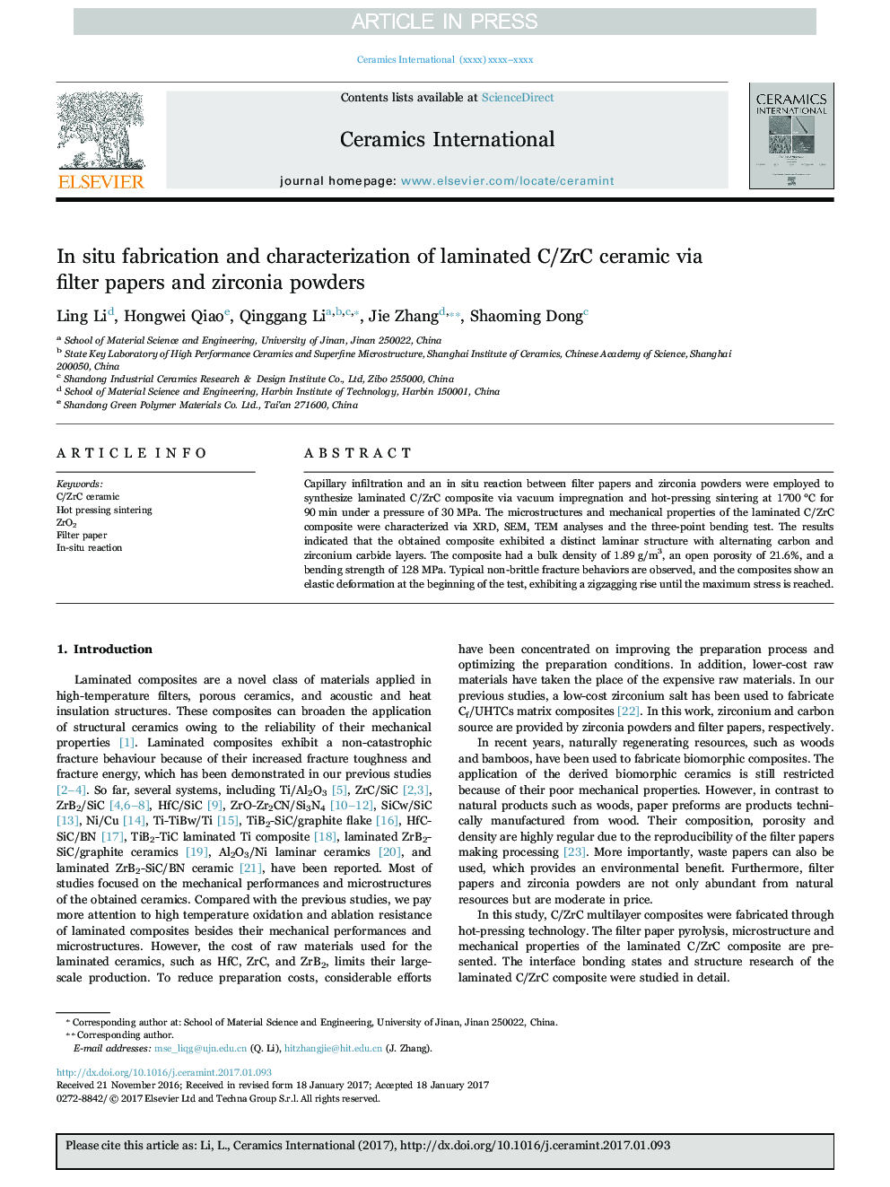 In situ fabrication and characterization of laminated C/ZrC ceramic via filter papers and zirconia powders