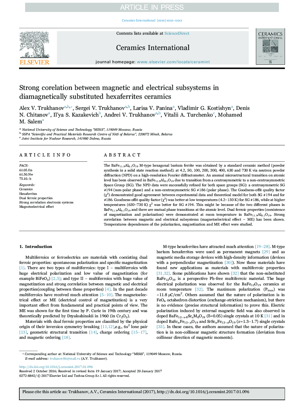 Strong corelation between magnetic and electrical subsystems in diamagnetically substituted hexaferrites ceramics