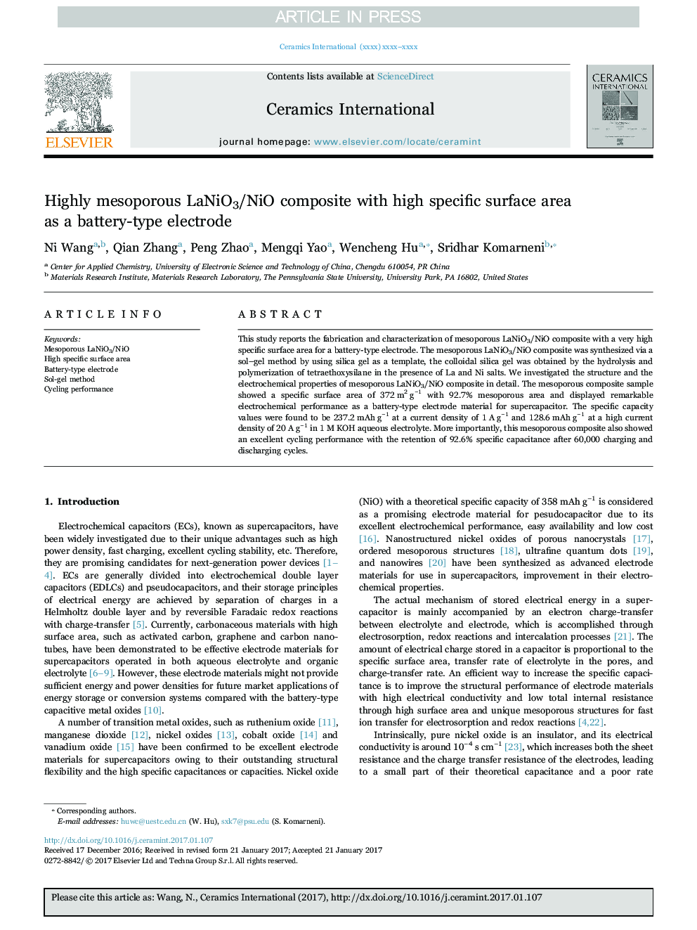 Highly mesoporous LaNiO3/NiO composite with high specific surface area as a battery-type electrode