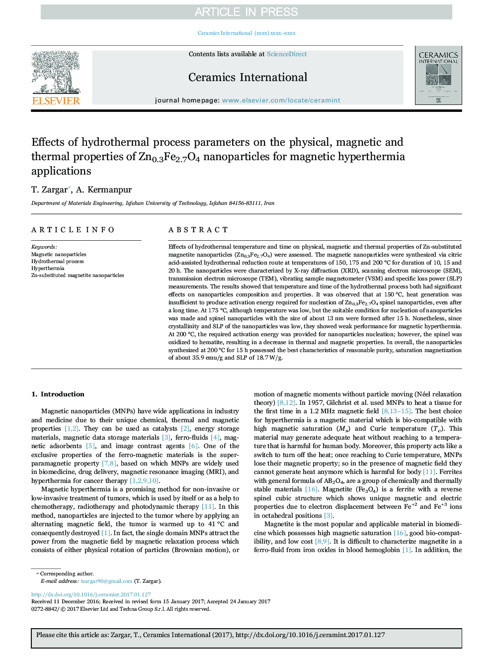 Effects of hydrothermal process parameters on the physical, magnetic and thermal properties of Zn0.3Fe2.7O4 nanoparticles for magnetic hyperthermia applications