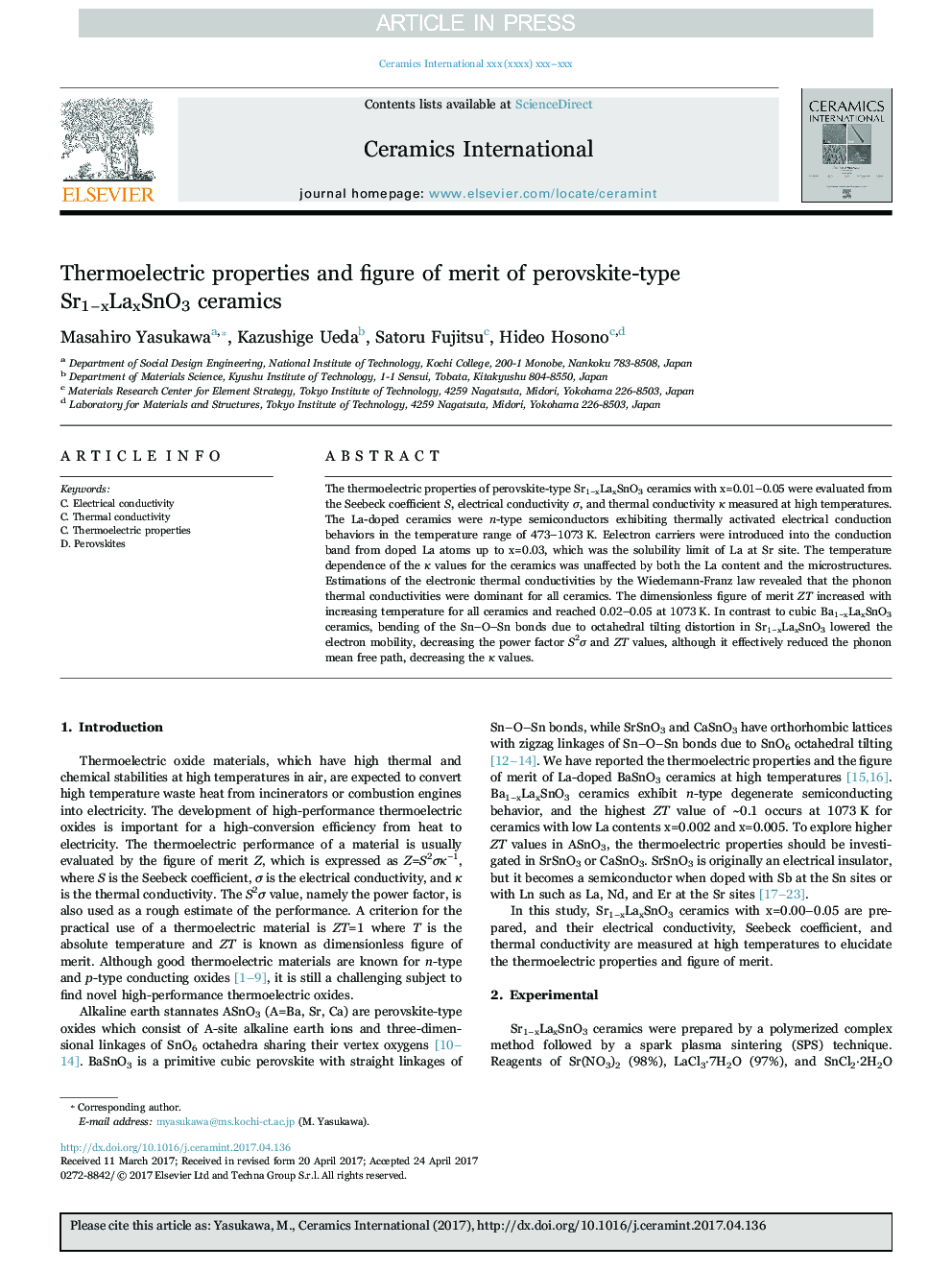 Thermoelectric properties and figure of merit of perovskite-type Sr1âxLaxSnO3 ceramics