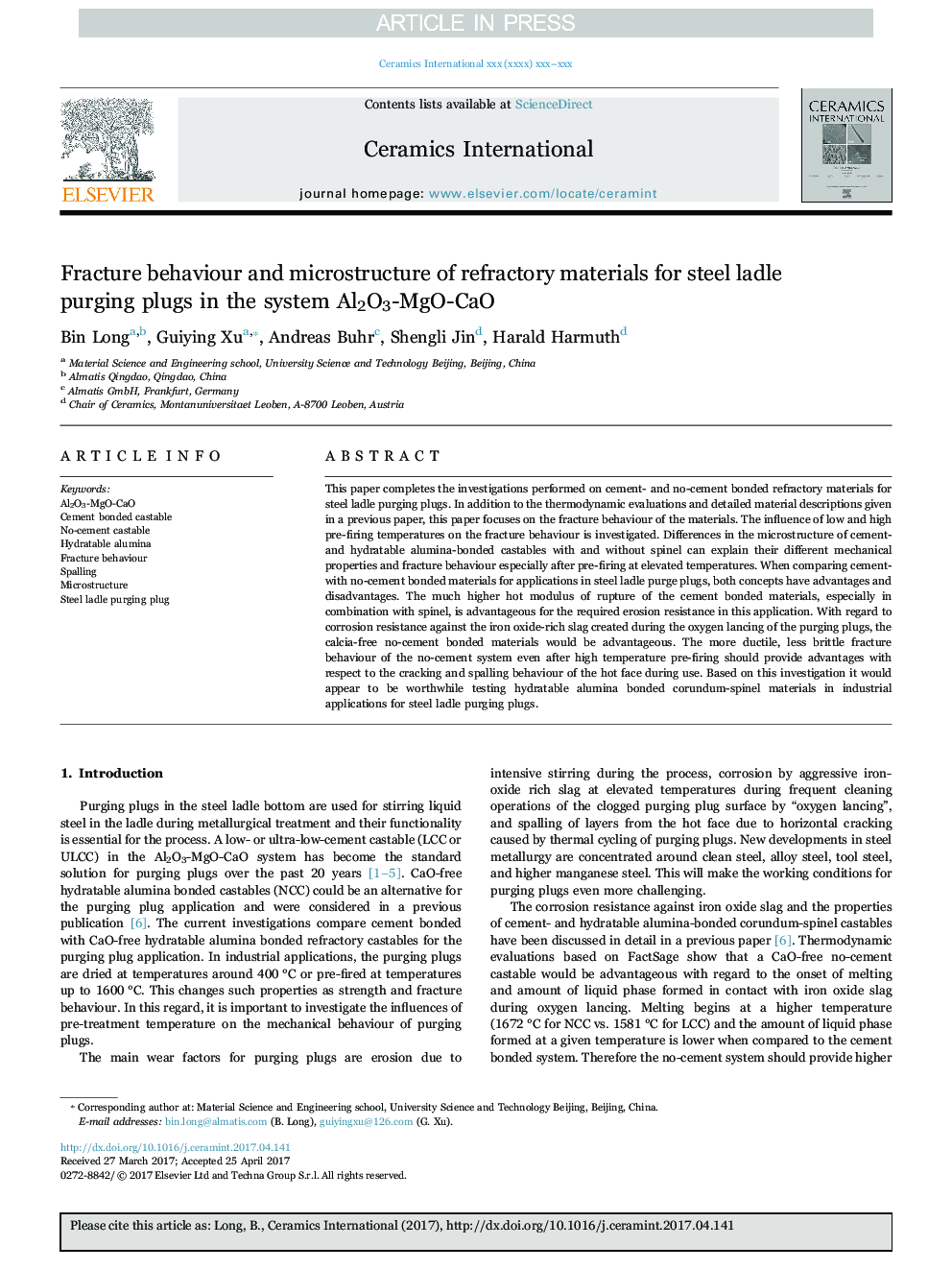 Fracture behaviour and microstructure of refractory materials for steel ladle purging plugs in the system Al2O3-MgO-CaO