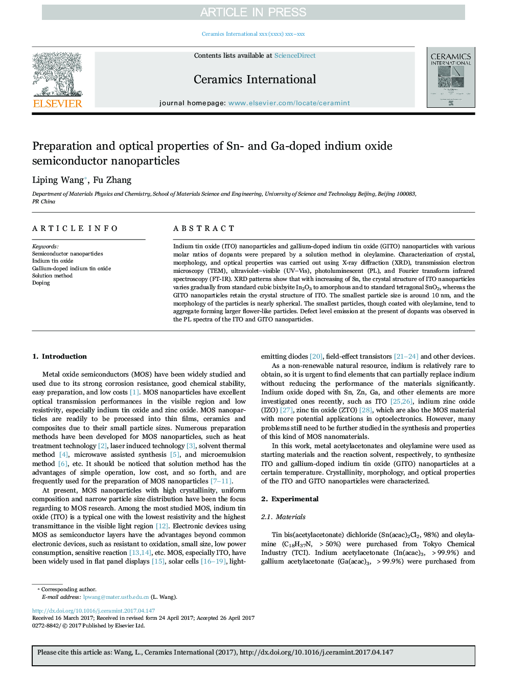 Preparation and optical properties of Sn- and Ga-doped indium oxide semiconductor nanoparticles