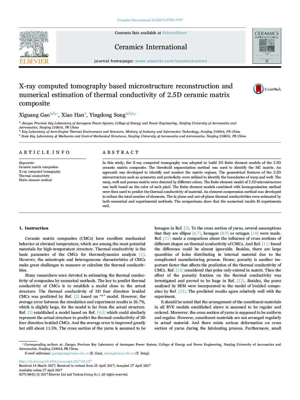 X-ray computed tomography based microstructure reconstruction and numerical estimation of thermal conductivity of 2.5D ceramic matrix composite