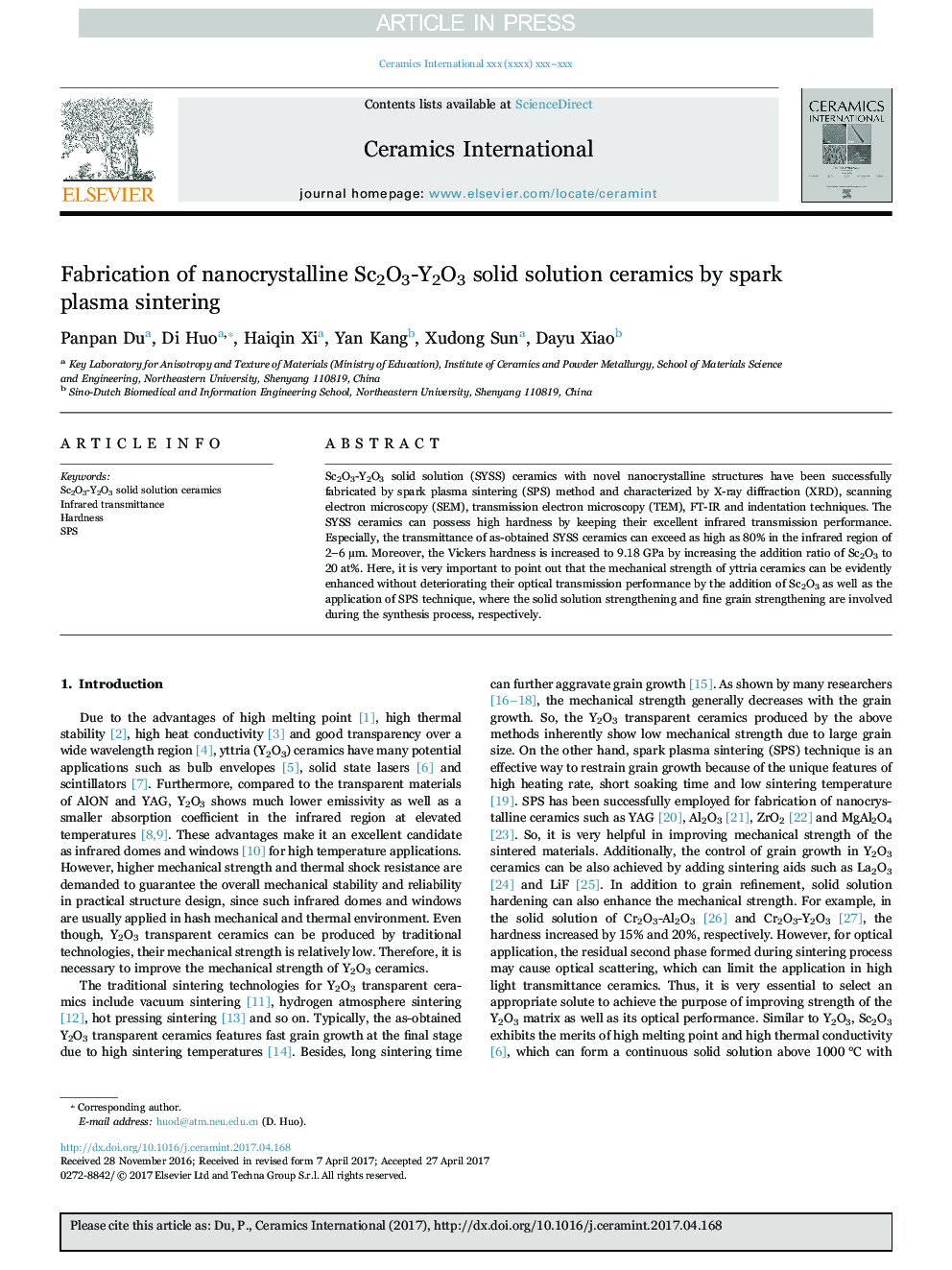 Fabrication of nanocrystalline Sc2O3-Y2O3 solid solution ceramics by spark plasma sintering