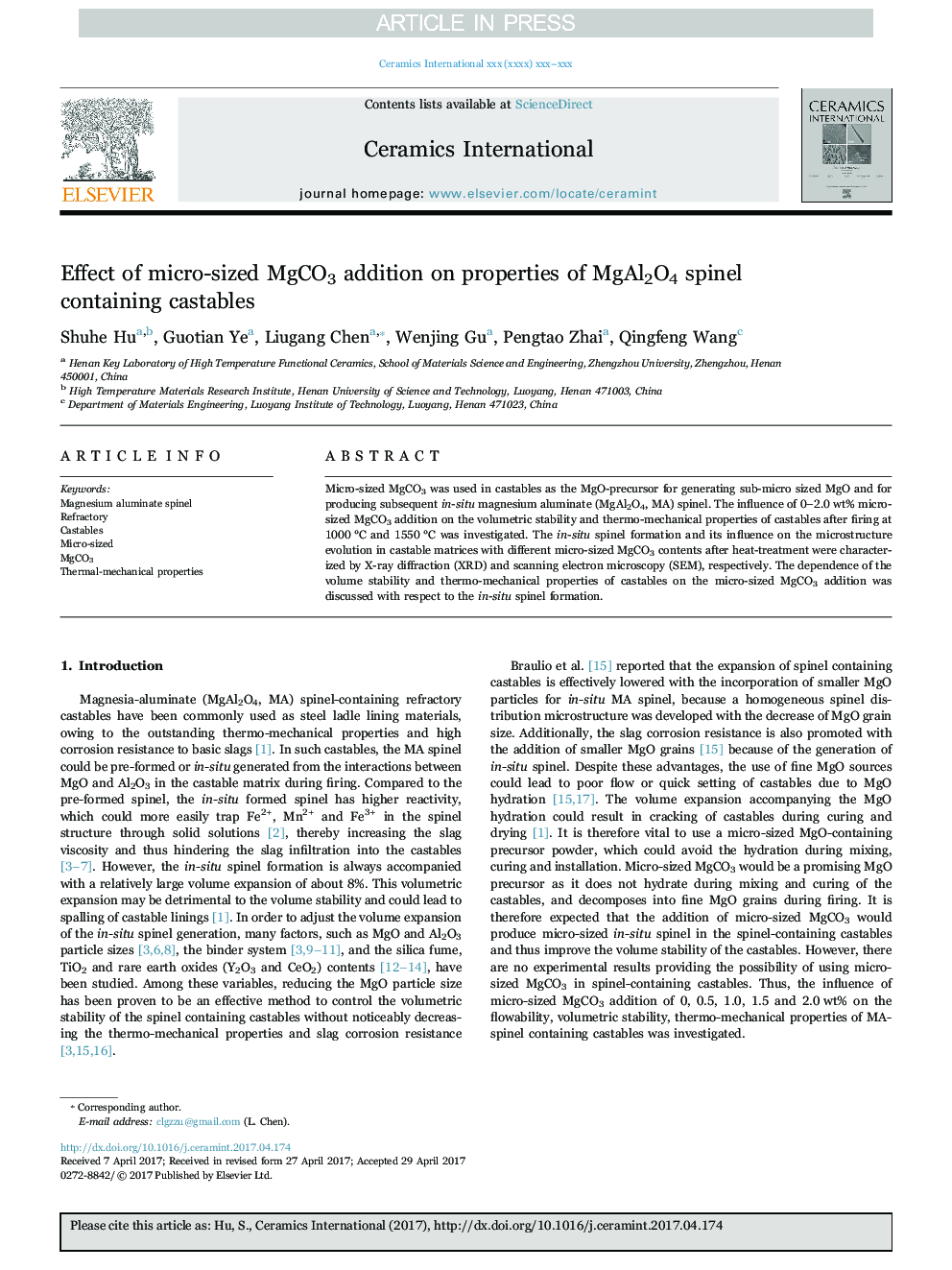 Effect of micro-sized MgCO3 addition on properties of MgAl2O4 spinel containing castables