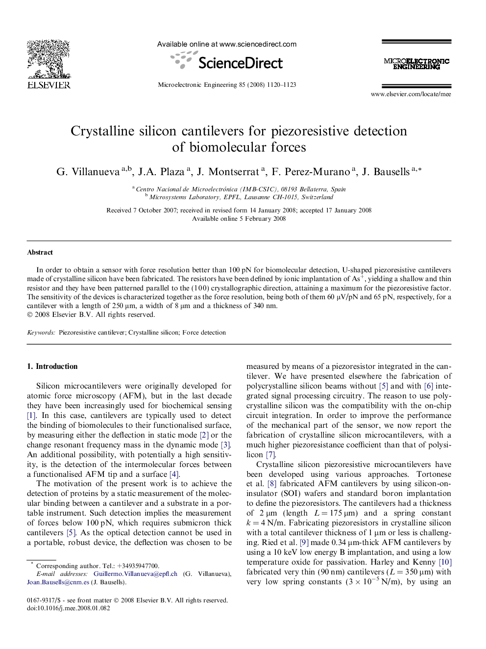 Crystalline silicon cantilevers for piezoresistive detection of biomolecular forces