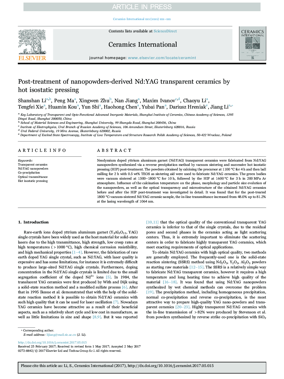 Post-treatment of nanopowders-derived Nd:YAG transparent ceramics by hot isostatic pressing