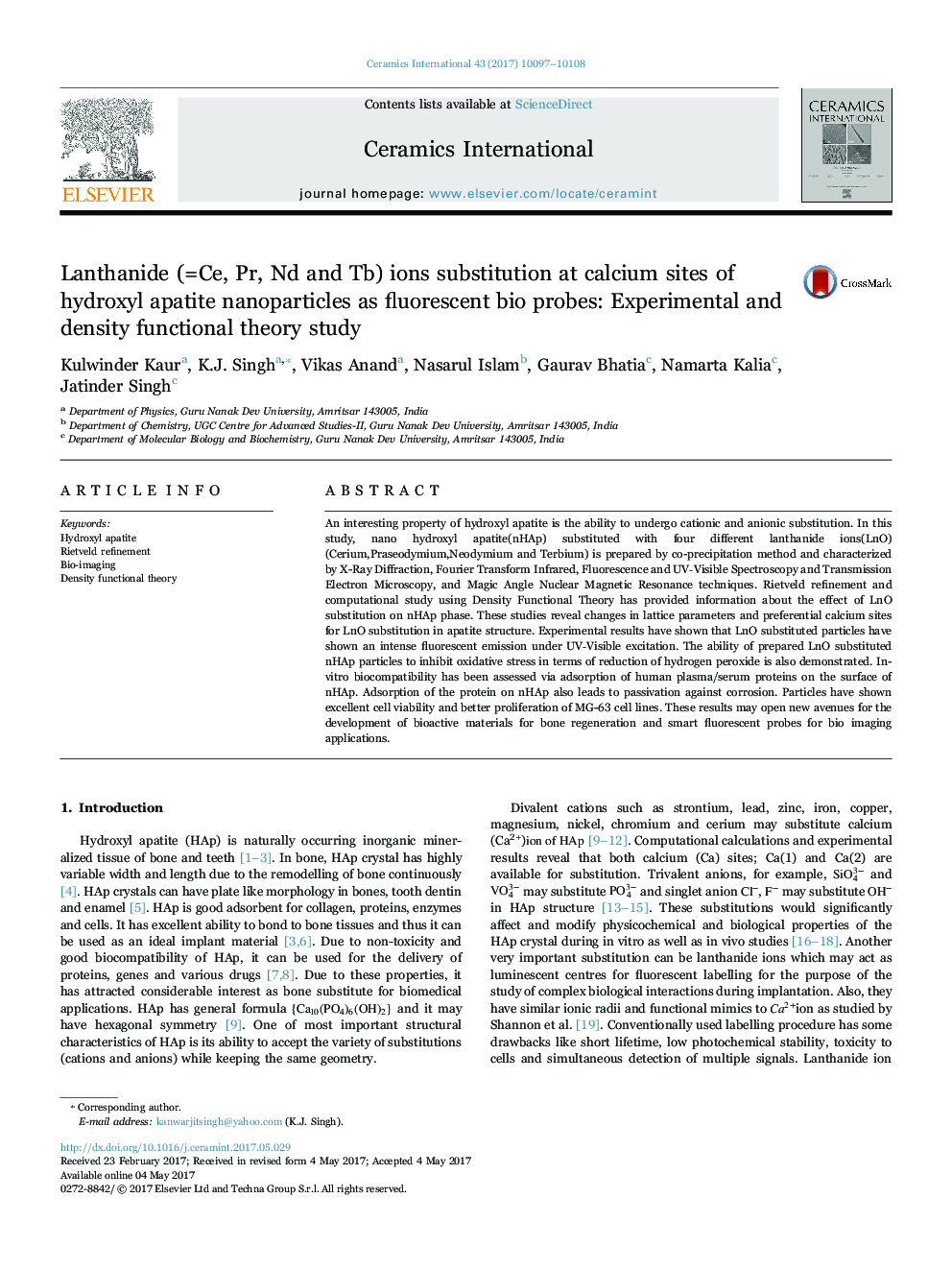 Lanthanide (=Ce, Pr, Nd and Tb) ions substitution at calcium sites of hydroxyl apatite nanoparticles as fluorescent bio probes: Experimental and density functional theory study