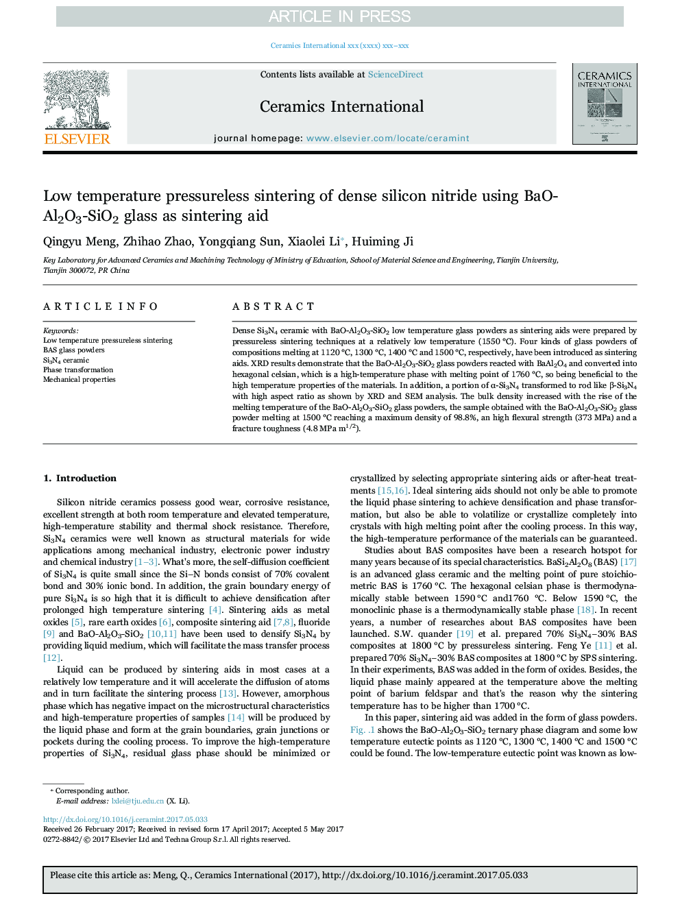 Low temperature pressureless sintering of dense silicon nitride using BaO-Al2O3-SiO2 glass as sintering aid