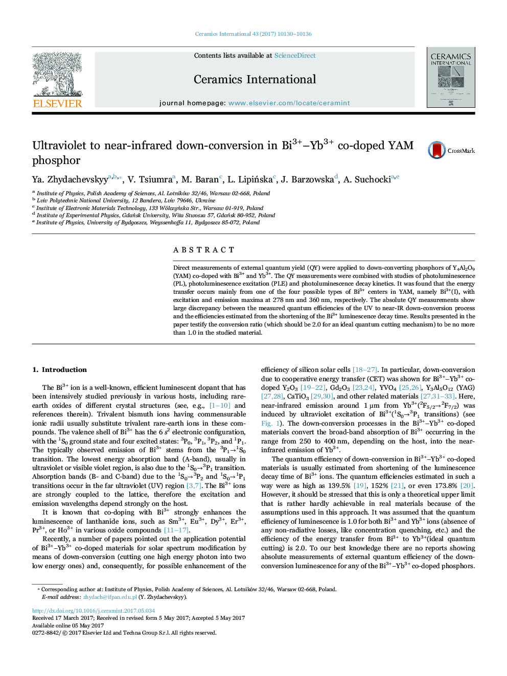 Ultraviolet to near-infrared down-conversion in Bi3+-Yb3+ co-doped YAM phosphor