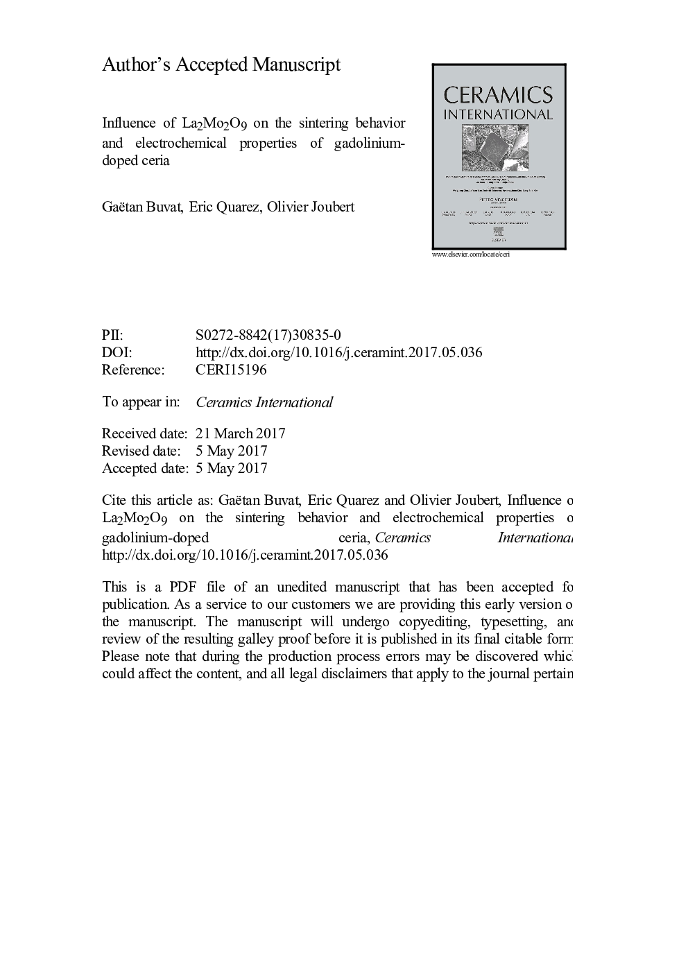 Influence of La2Mo2O9 on the sintering behavior and electrochemical properties of gadolinium-doped ceria