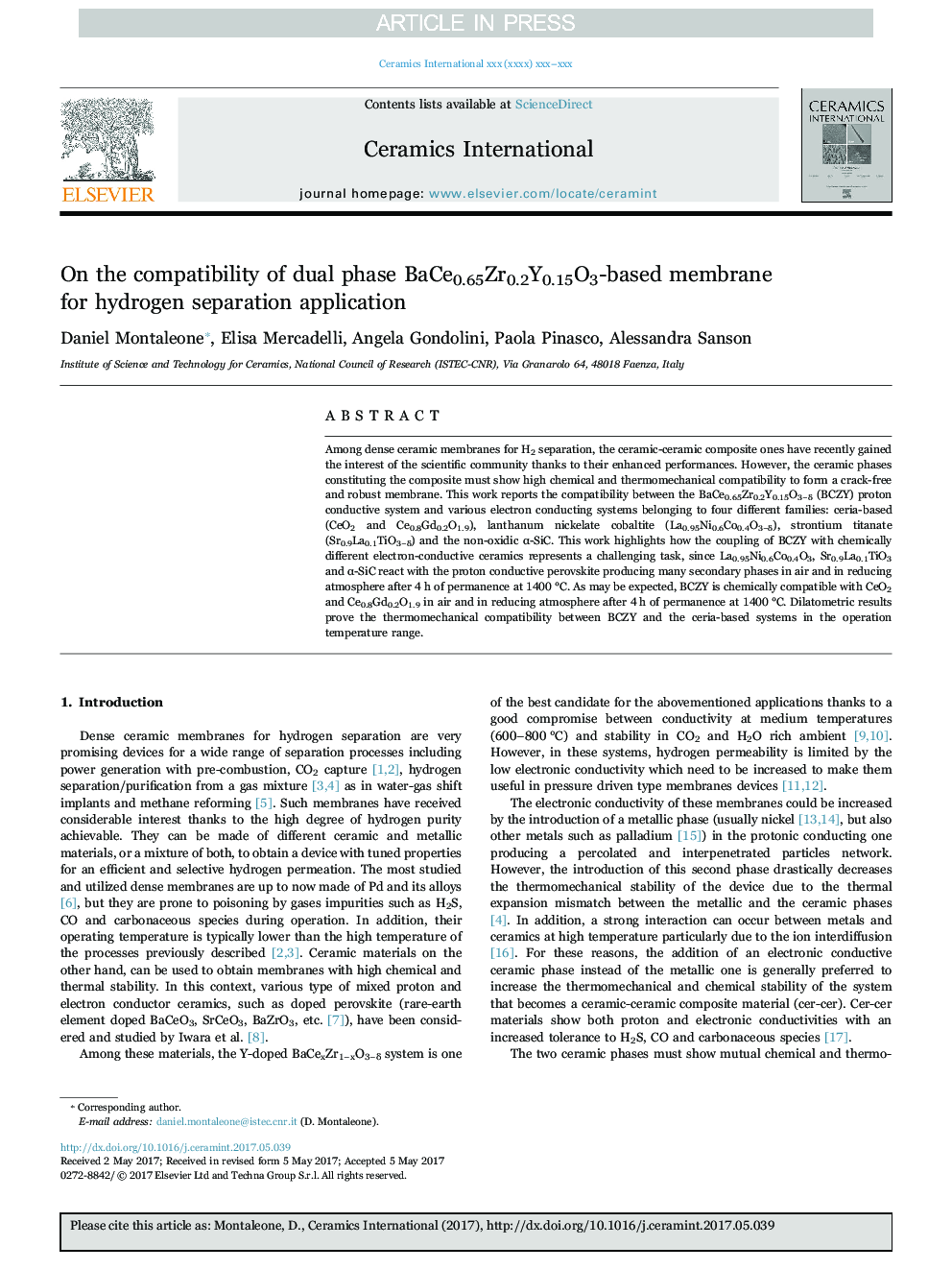 On the compatibility of dual phase BaCe0.65Zr0.2Y0.15O3-based membrane for hydrogen separation application