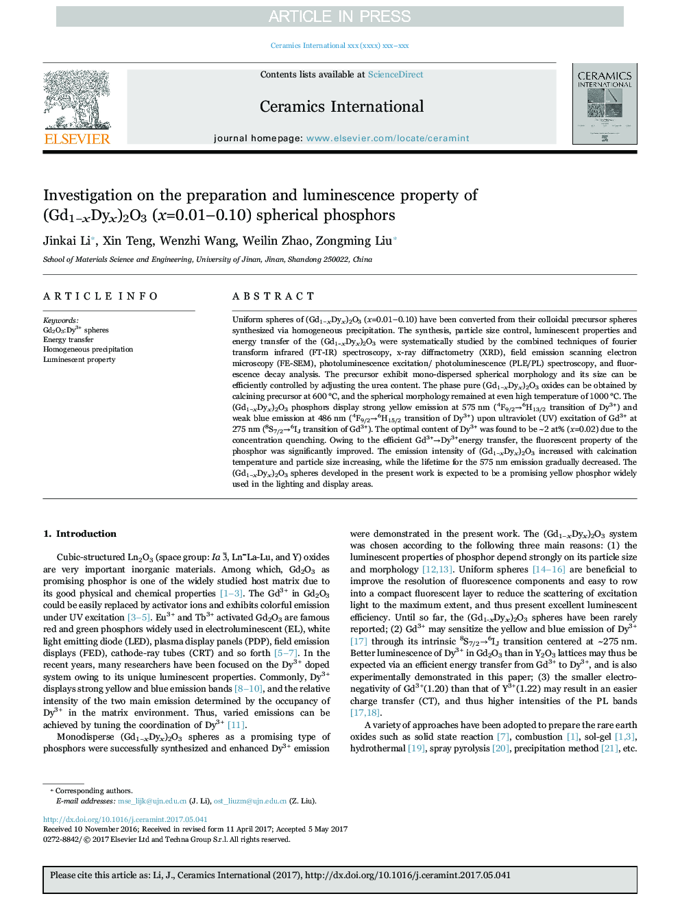 Investigation on the preparation and luminescence property of (Gd1âxDyx)2O3 (x=0.01-0.10) spherical phosphors