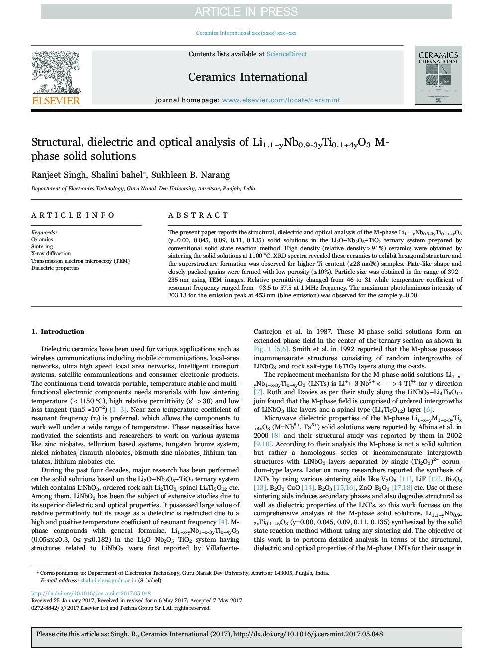 Structural, dielectric and optical analysis of Li1.1âyNb0.9-3yTi0.1+4yO3 M-phase solid solutions