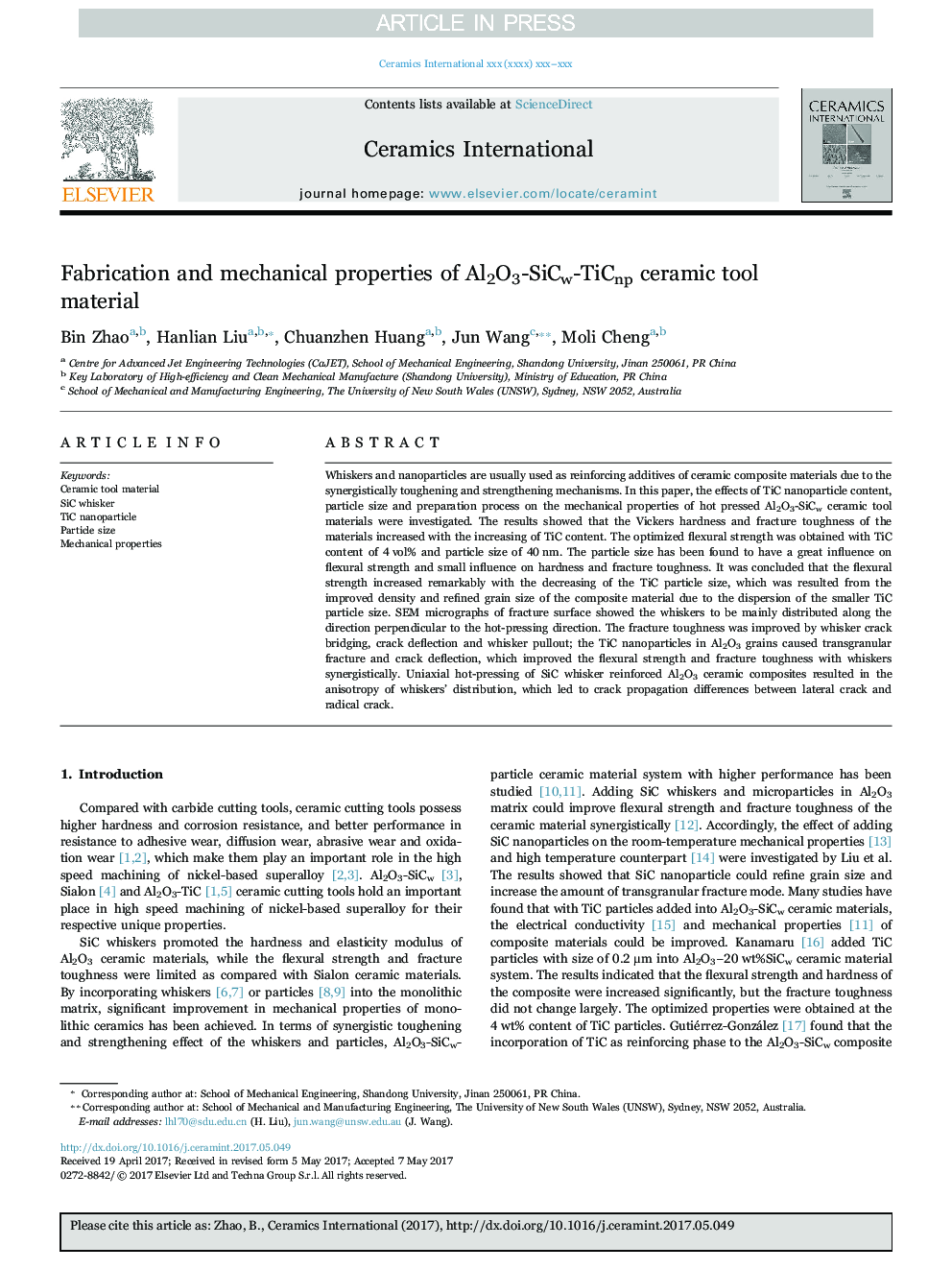 Fabrication and mechanical properties of Al2O3-SiCw-TiCnp ceramic tool material